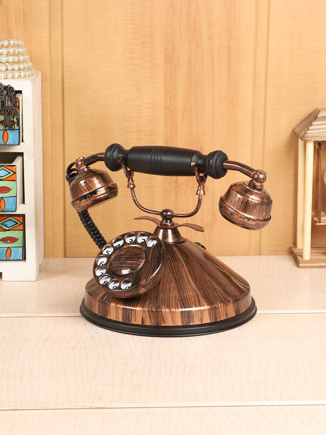 EXIM DECOR Copper-Toned & Black Antique Round Base Dummy Telephone Showpiece Price in India