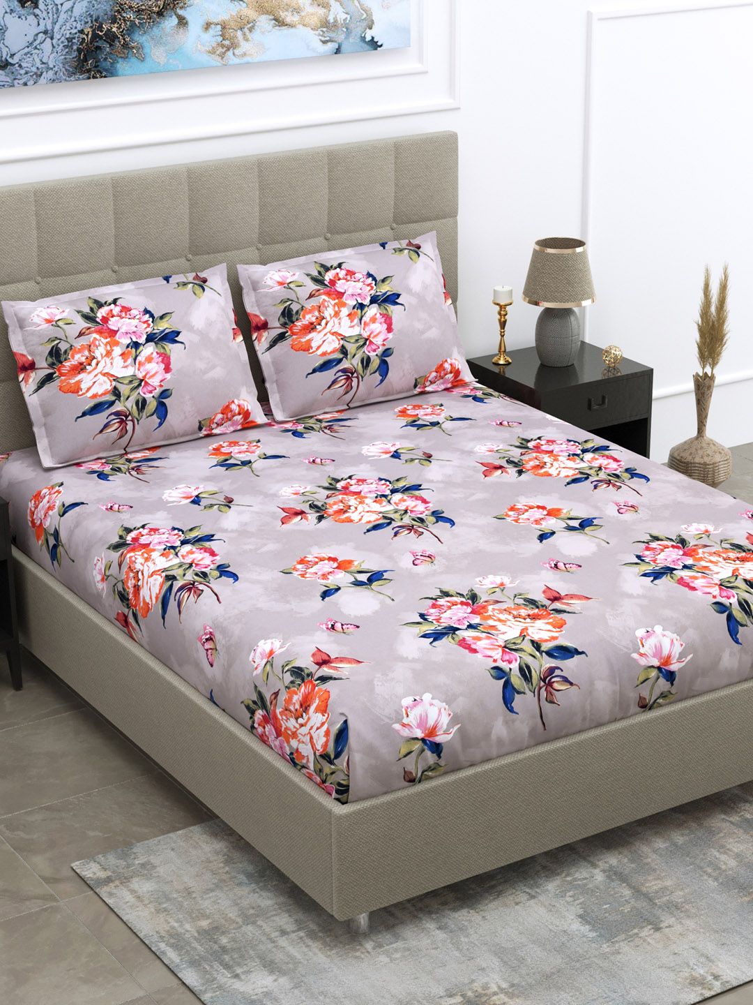 DREAM WEAVERZ Beige & Pink Floral Glazed Cotton 220 TC King Bedsheet with 2 Pillow Covers Price in India