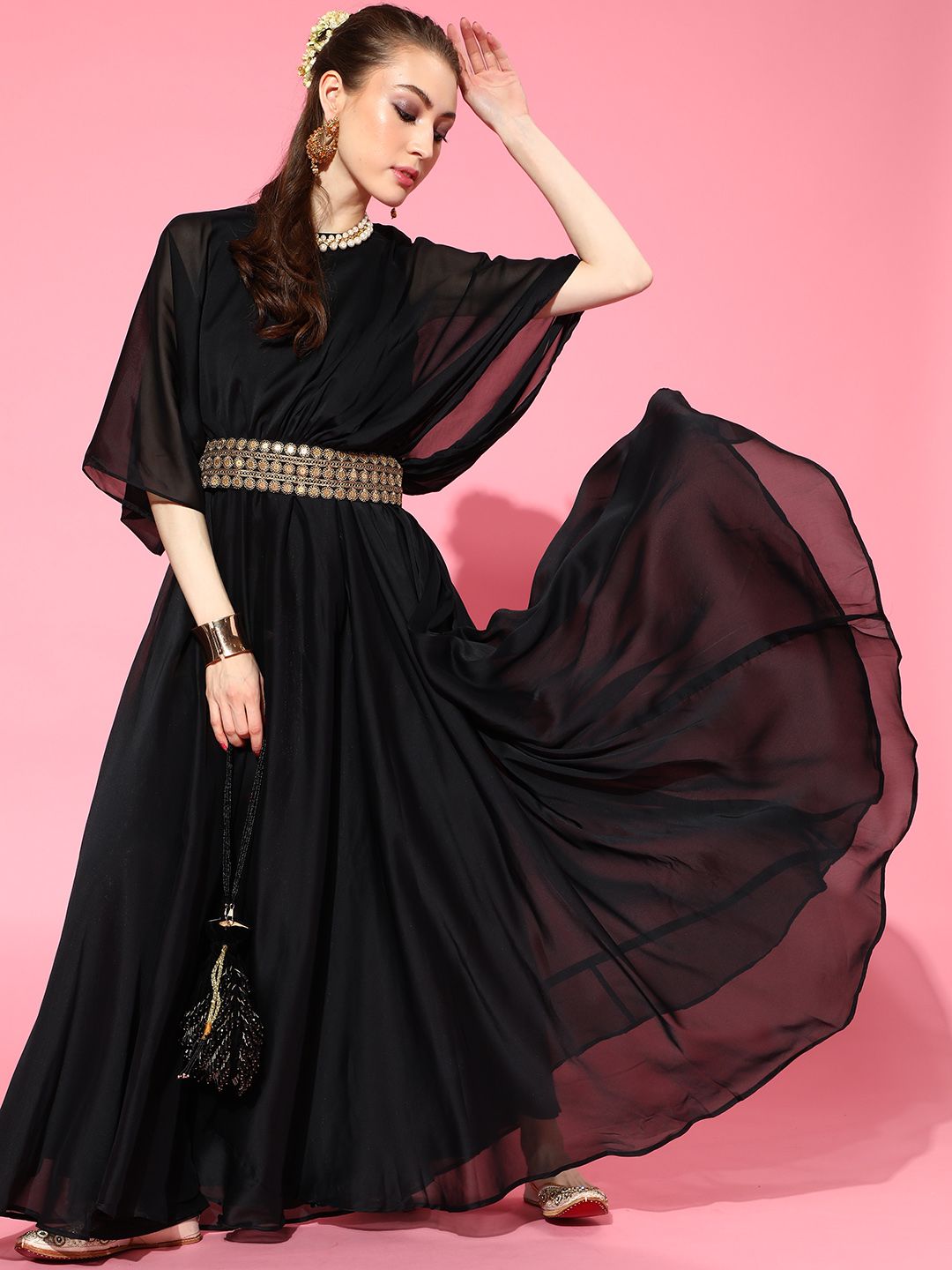 Inddus Women Stylish Black Solid Belted Dress Price in India
