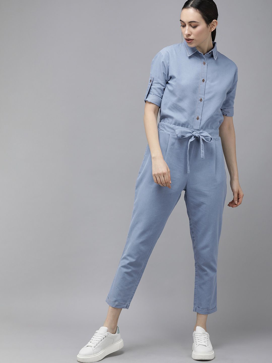 VOXATI Blue Checked Basic Jumpsuit Price in India