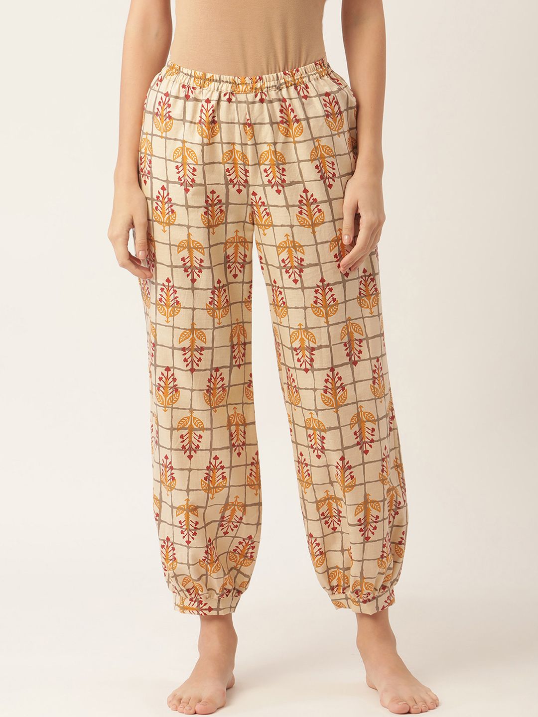 pinwheel Women Beige & Maroon Pure Cotton Printed Jogger Style Lounge Pants Price in India