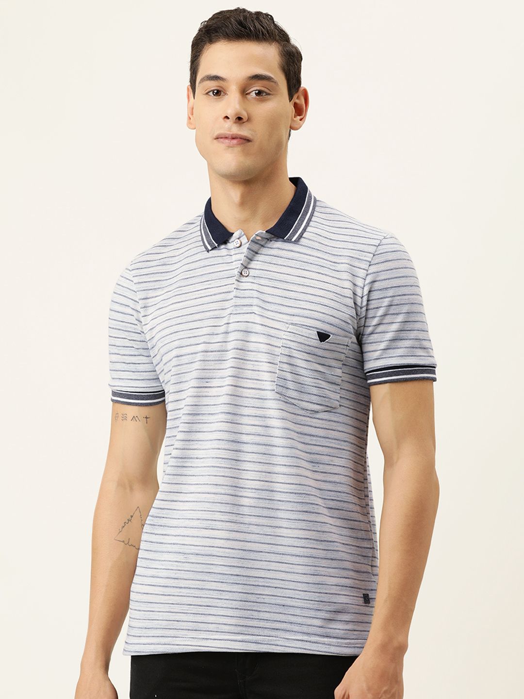 CAHOOT Men Grey & Navy Blue Striped Polo Collar T-shirt