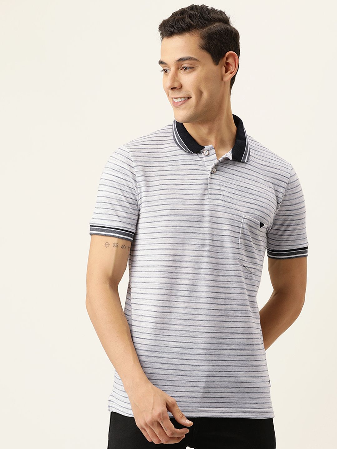 CAHOOT Men Grey & Blue Striped Polo Collar T-shirt
