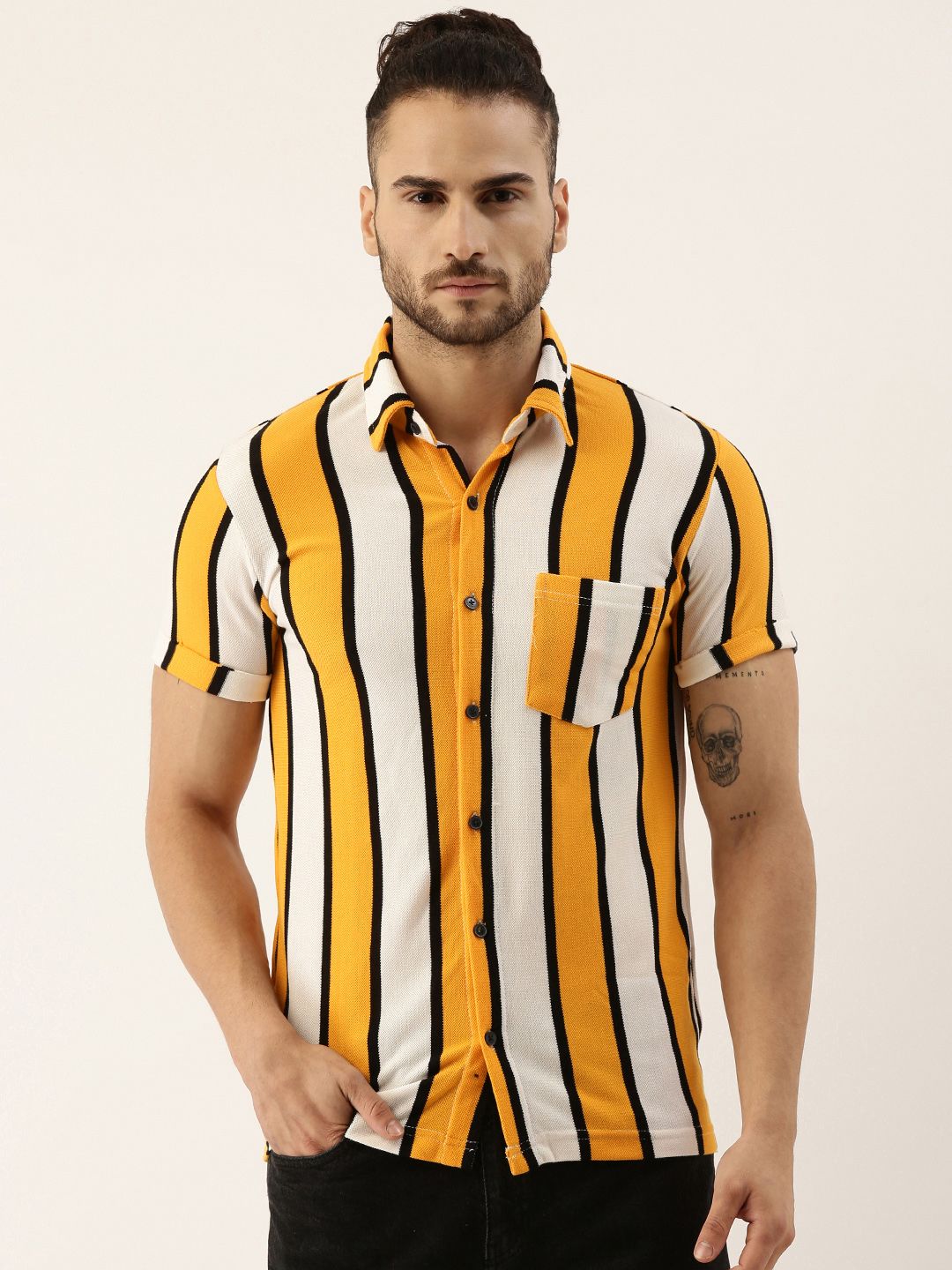 CAHOOT Men Mustard Yellow & White Cotton Striped Casual Shirt