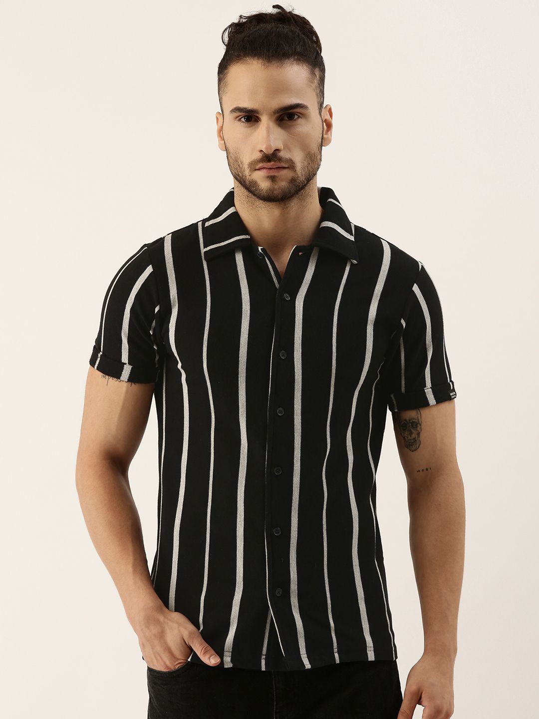 CAHOOT Men Black & Grey Cotton Striped Casual Slim FIt Shirt
