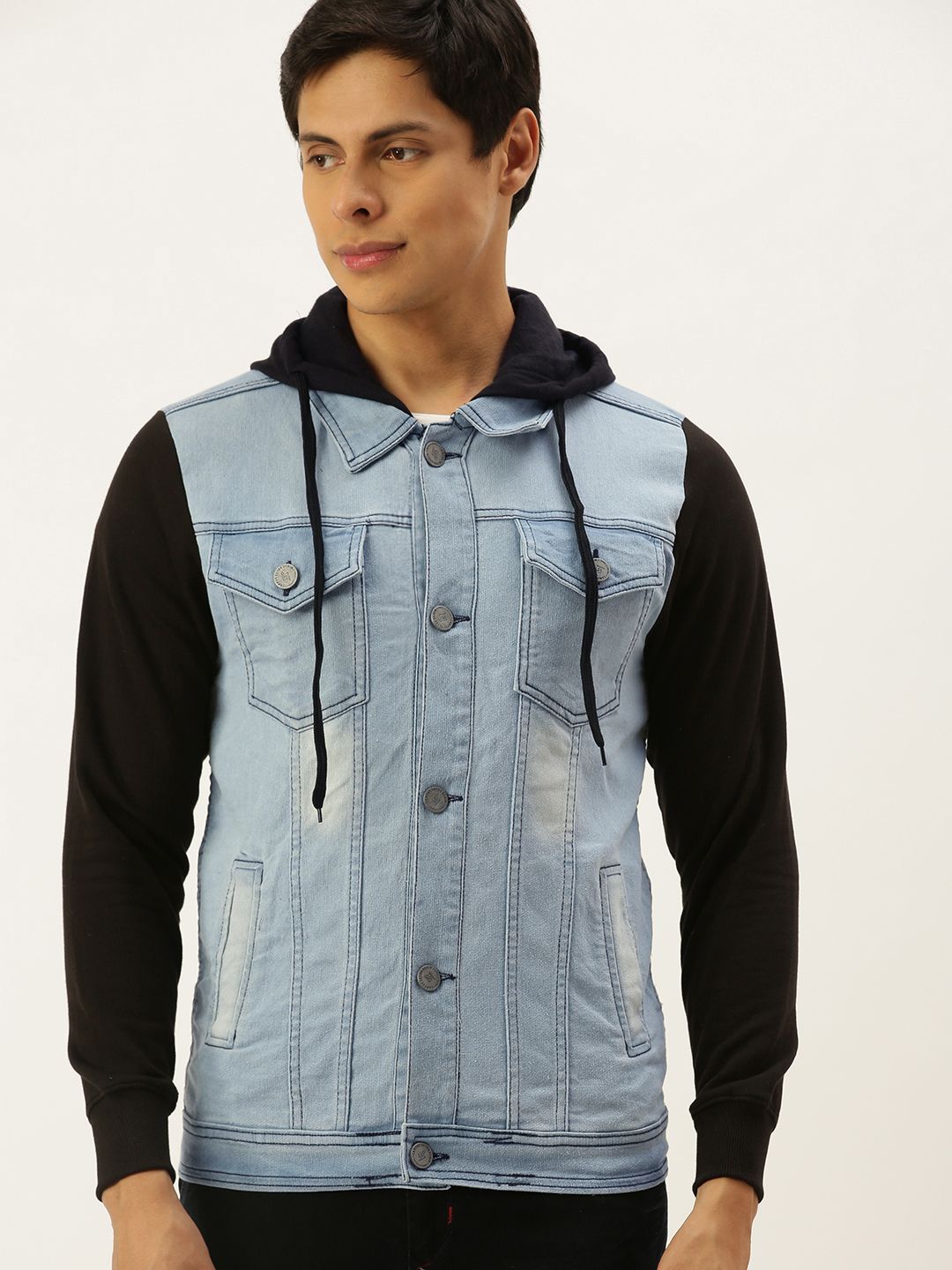CAHOOT Men Blue & Black Washed Pure Cotton Hooded Denim Jacket