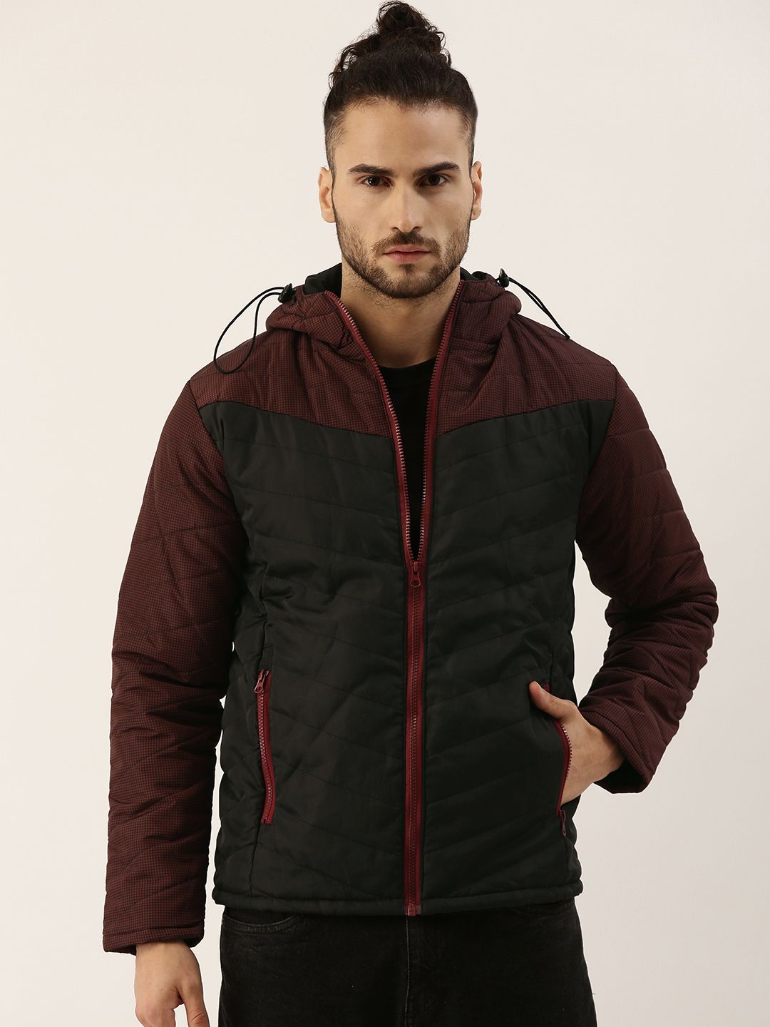 CAHOOT Men Black & Maroon Micro Checked Hooded Windcheater Padded Jacket