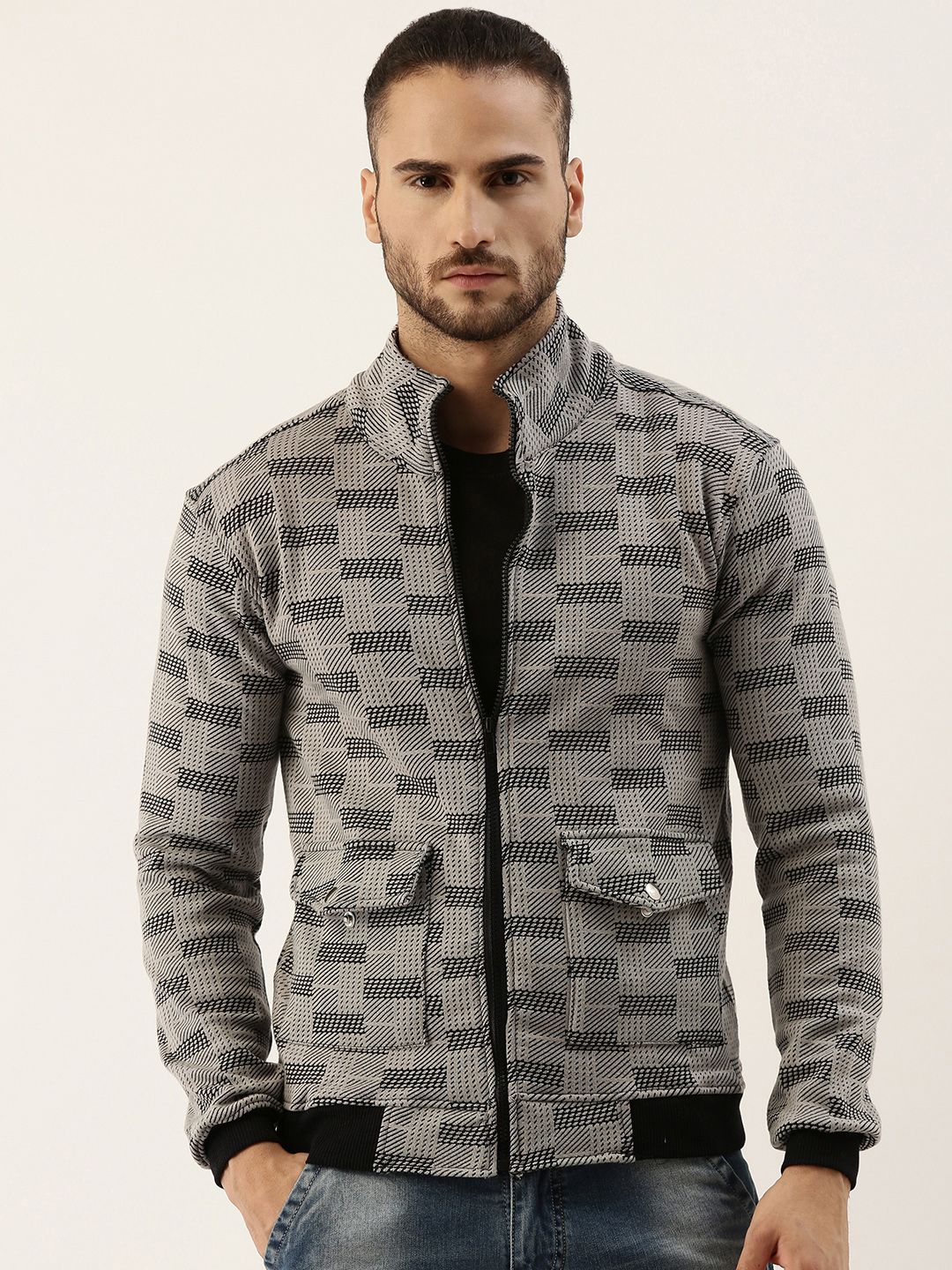 Campus Sutra Men Grey & Black Checked Windcheater Outdoor Biker Jacket