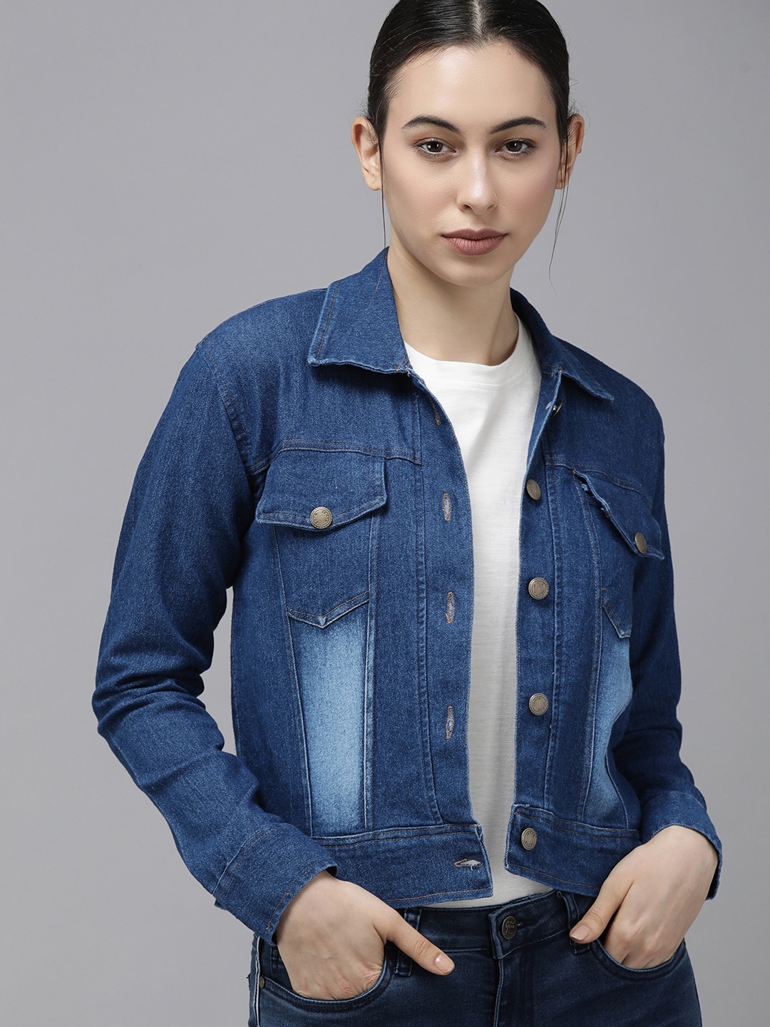 VOXATI Women Blue Washed Crop Denim Jacket with Taping Detail Price in India