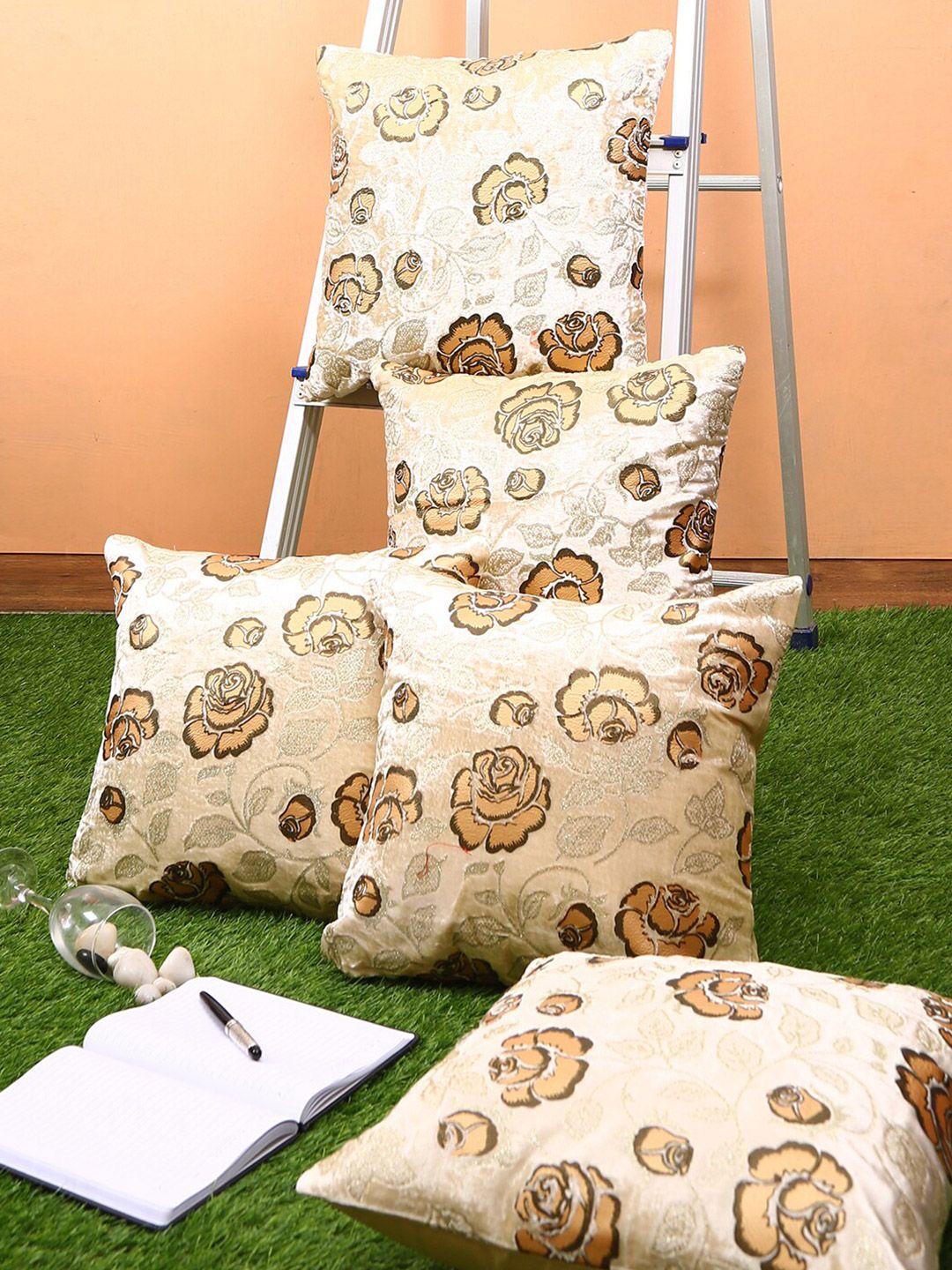 ROMEE Cream-Coloured & Brown Set of 5 Floral Velvet Square Cushion Covers Price in India