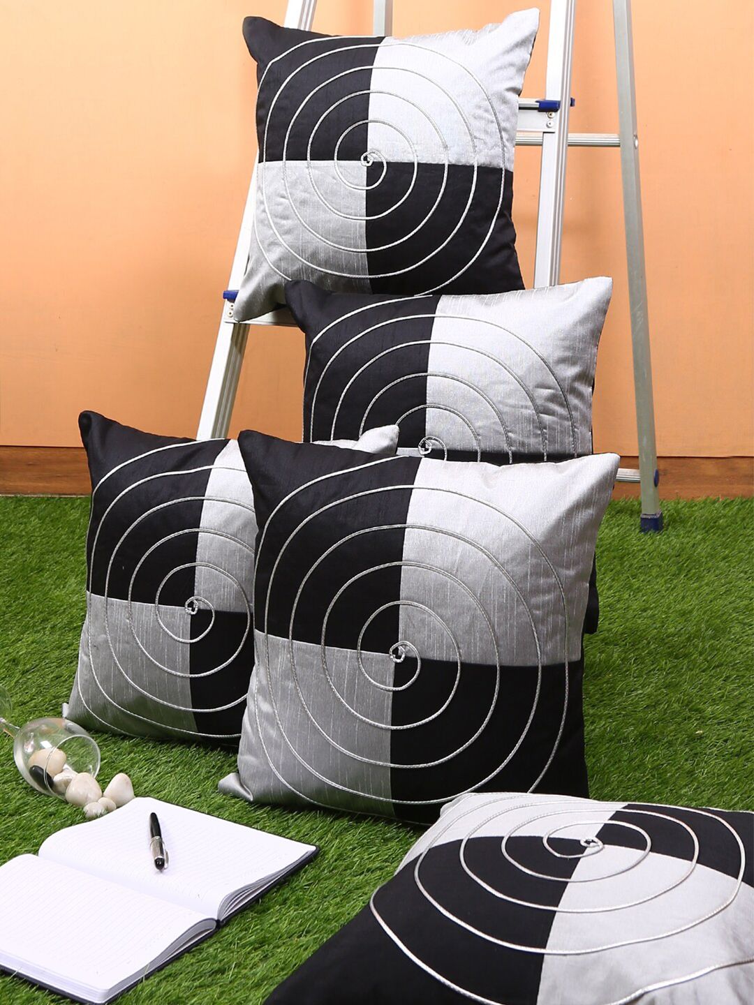 ROMEE Black & Grey Set of 5 Geometric Square Cushion Covers Price in India