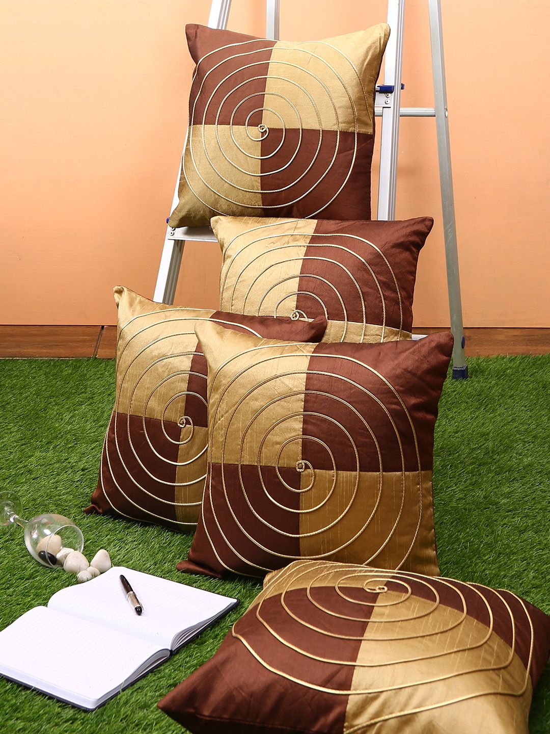 ROMEE Gold-Toned & Brown Set of 5 Geometric Square Cushion Covers Price in India