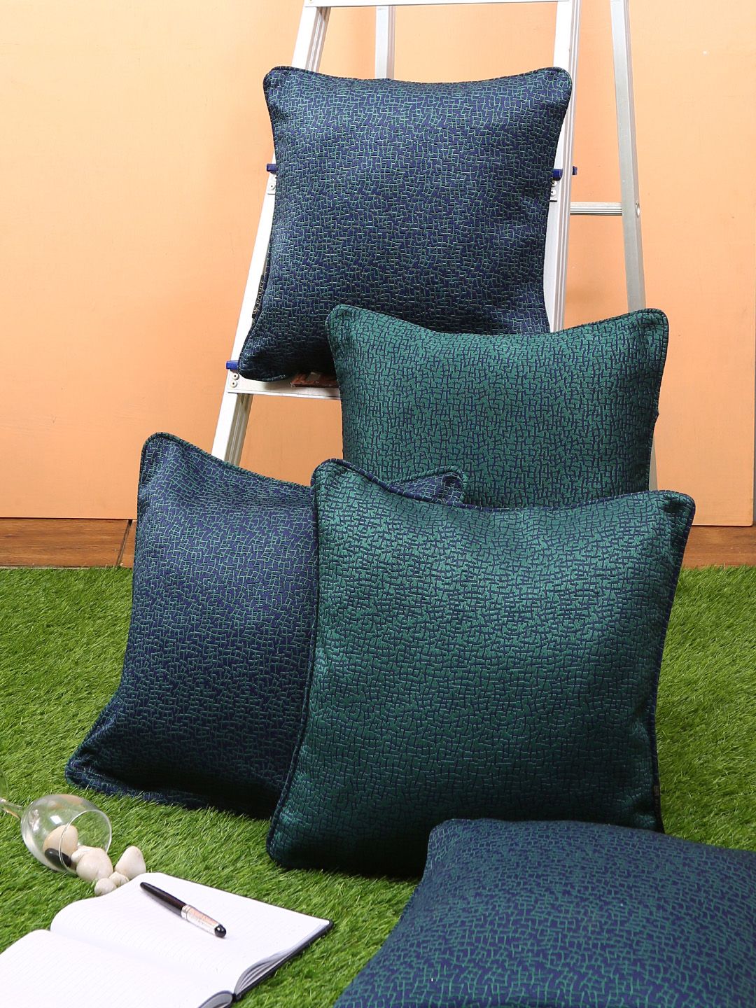 ROMEE Blue & Green Set of 5 Square Cushion Covers Price in India