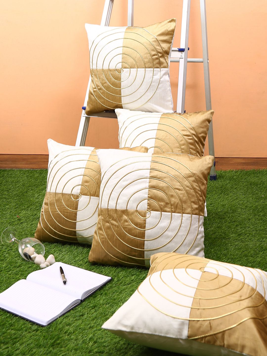 ROMEE Gold-Toned & White Set of 5 Geometric Square Cushion Covers Price in India