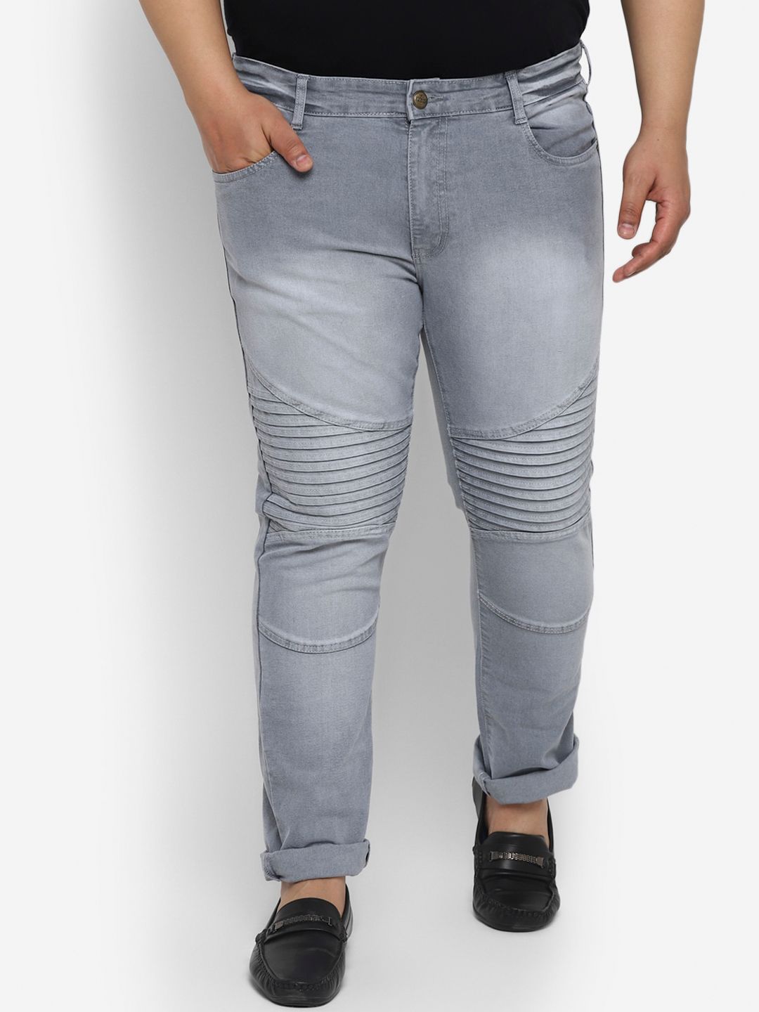Urbano Plus Men Grey Heavy Fade Stretchable Biker Jeans