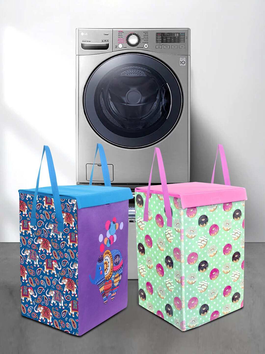 prettykrafts Set Of 2 Sea Green & Purple Printed Foldable Laundry Basket With Lid Price in India