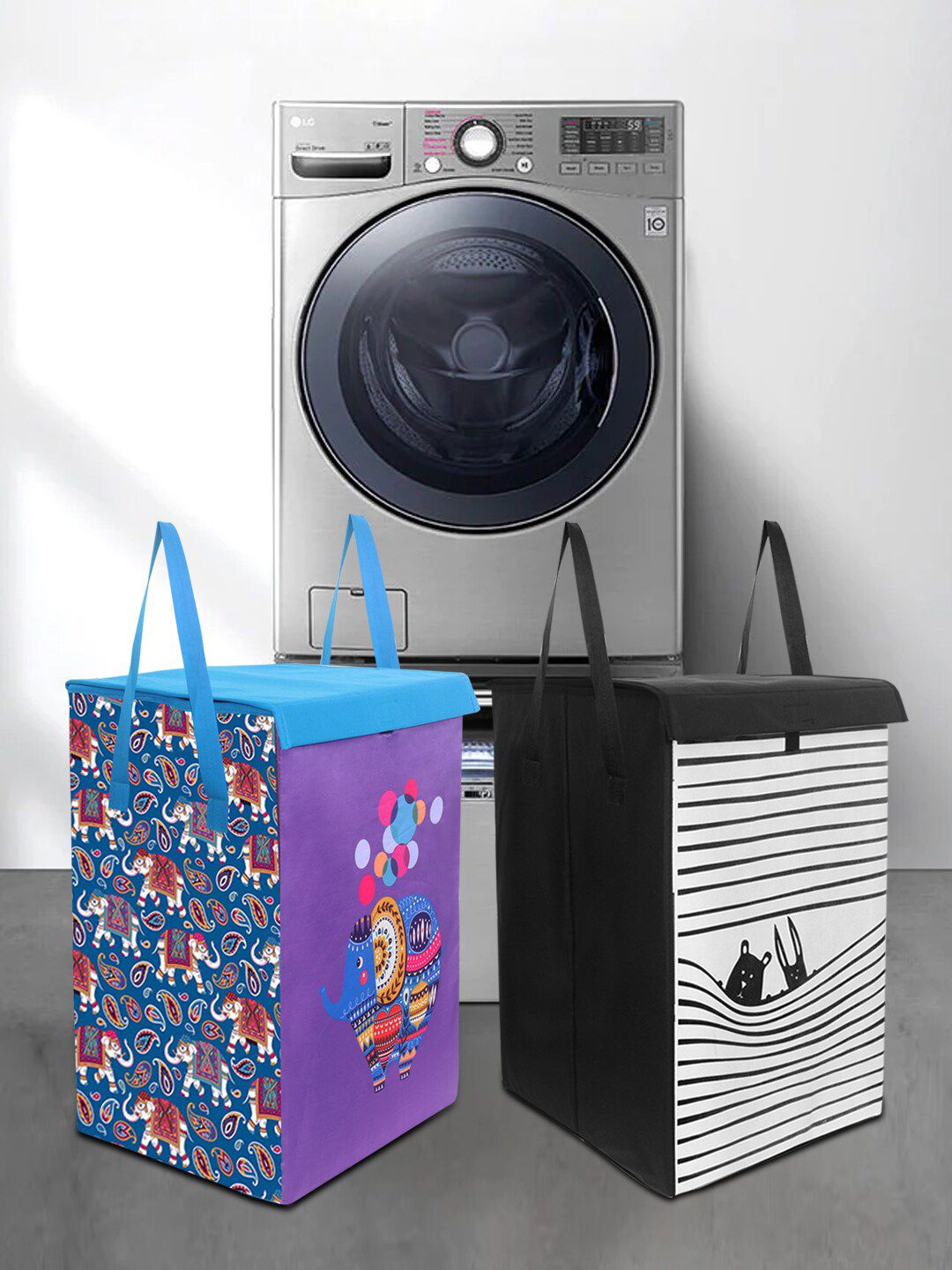prettykrafts Set Of 2 Black & Purple Printed Foldable Laundry Bag With Lid & Handle Price in India