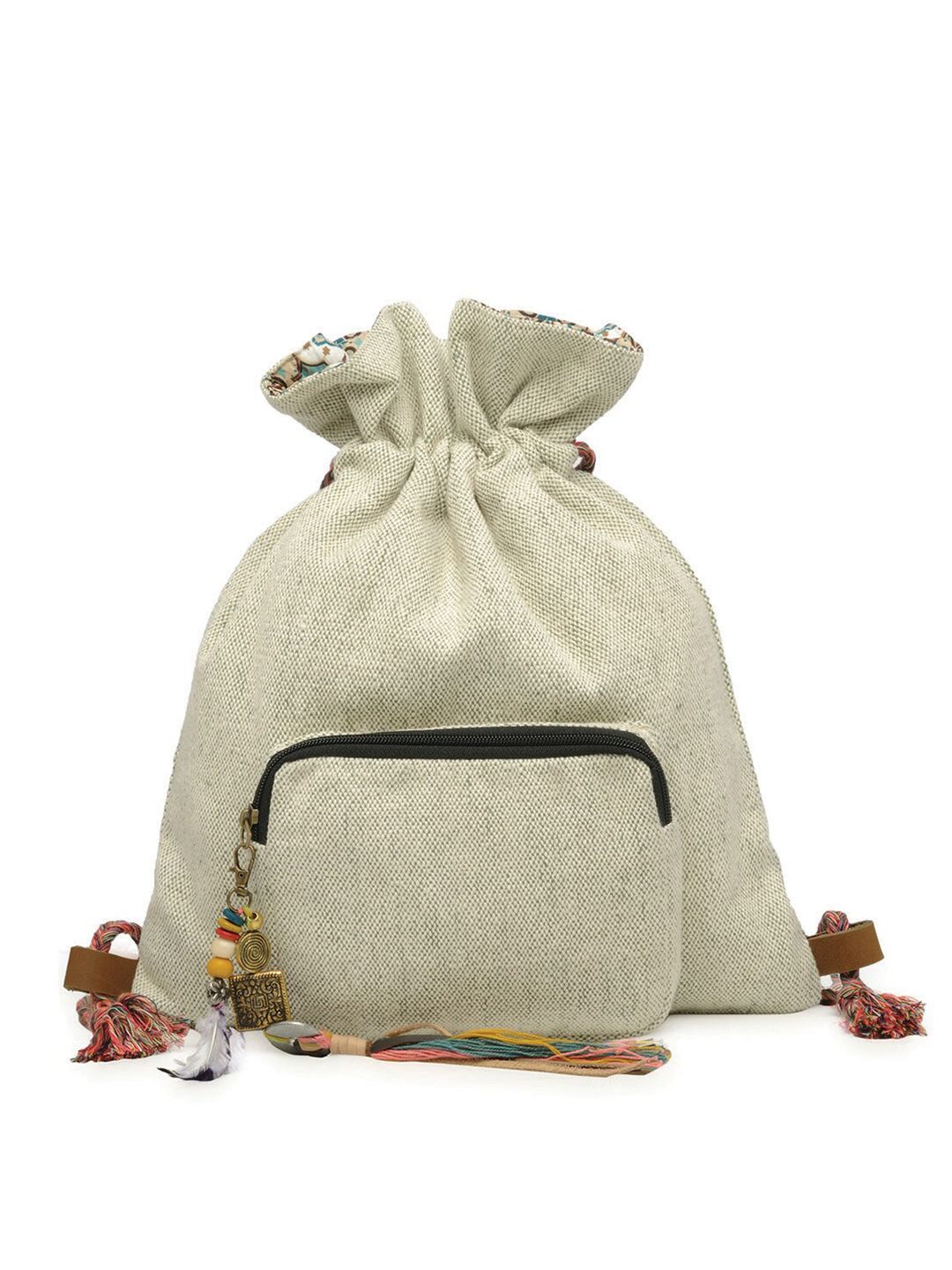 The House of Tara Women Grey Handloom Fabric Tasselled Backpack Price in India