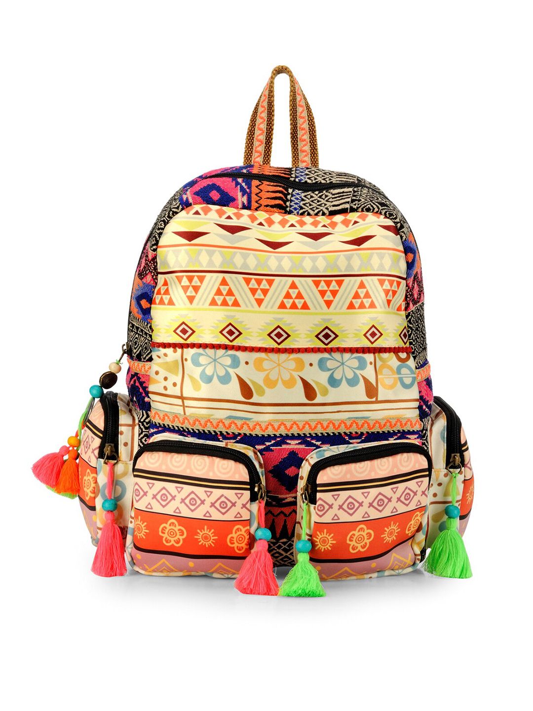 The House of Tara Women Black & Beige Geometric Embellished Travel Casual Backpack Price in India