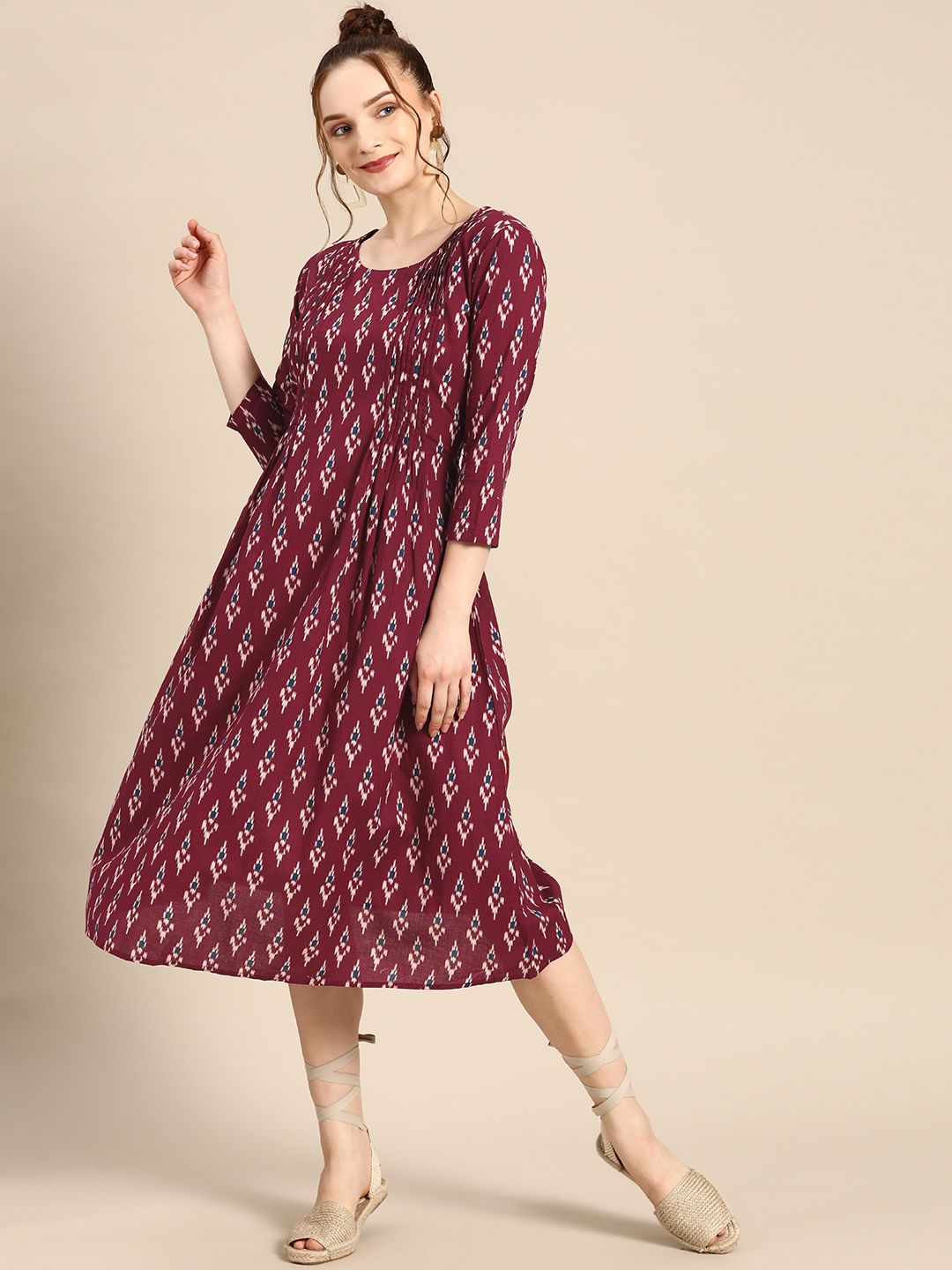 MABISH by Sonal Jain Burgundy & Off White Cotton Pintucks Detail A-Line Midi Dress