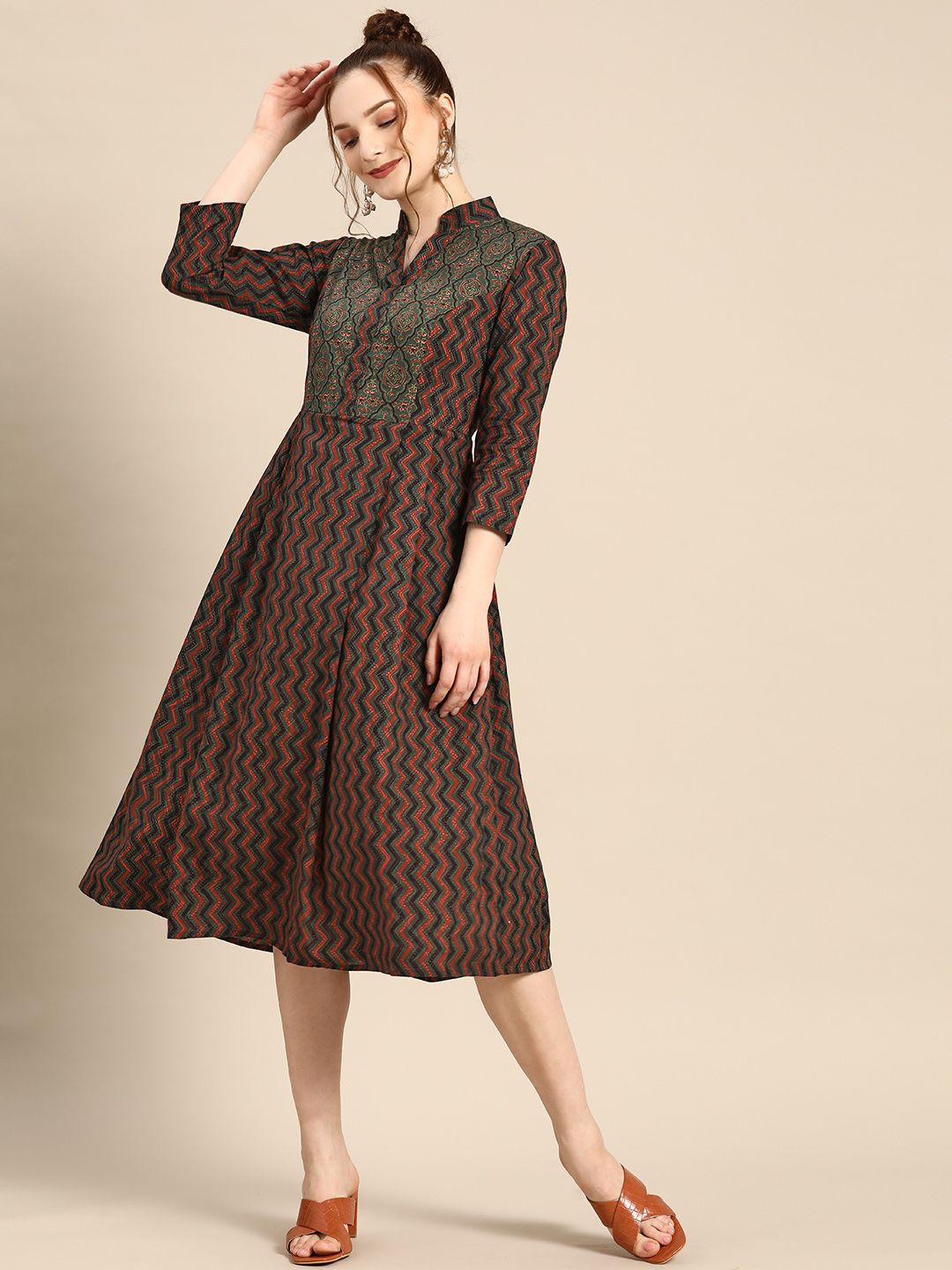 MABISH by Sonal Jain Rust Red & Green Cotton A-Line Midi Dress