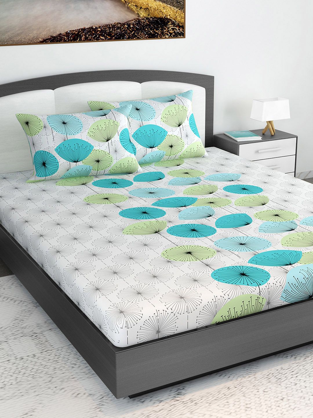 Divine Casa White & Turquoise Blue Floral 144 TC King Bedsheet with 2 Pillow Covers Price in India