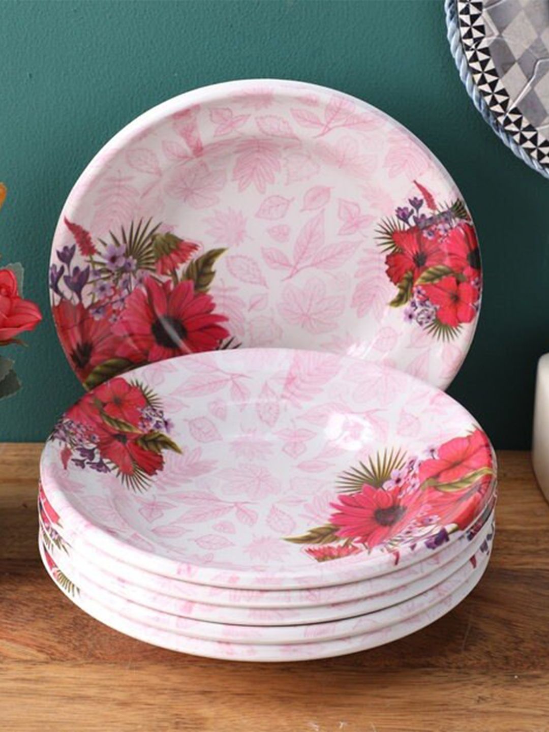 Gallery99 Pink & Green 6 Pieces Floral Printed Melamine Glossy Plates Price in India