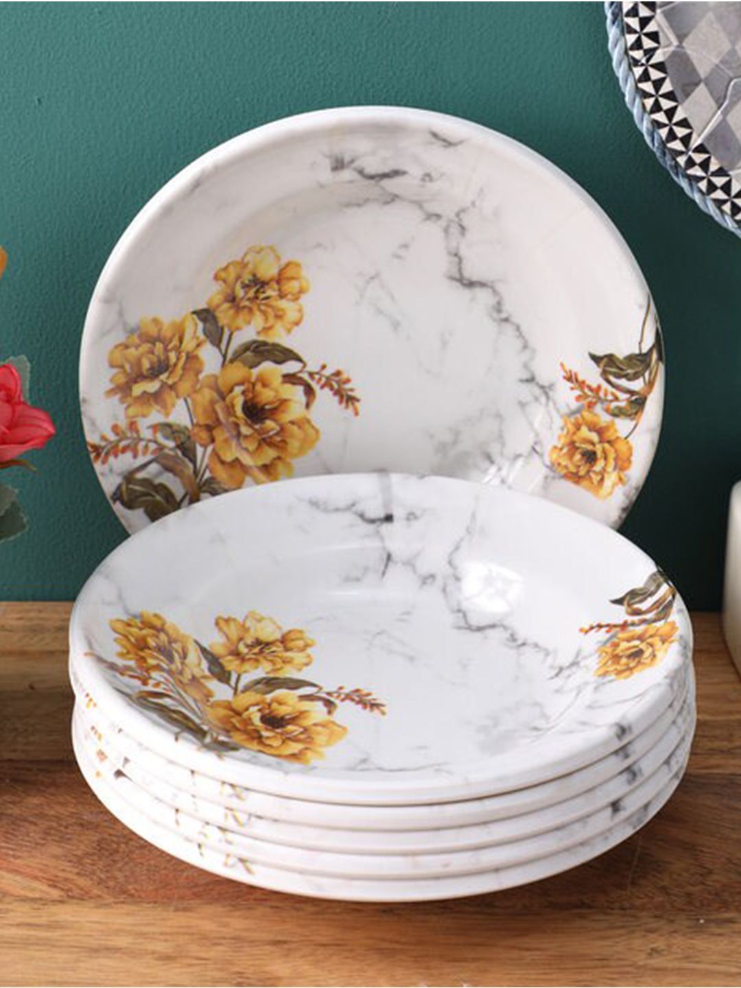 Gallery99 Off White & Yellow 6 Pieces Floral Printed Melamine Glossy Plates Price in India