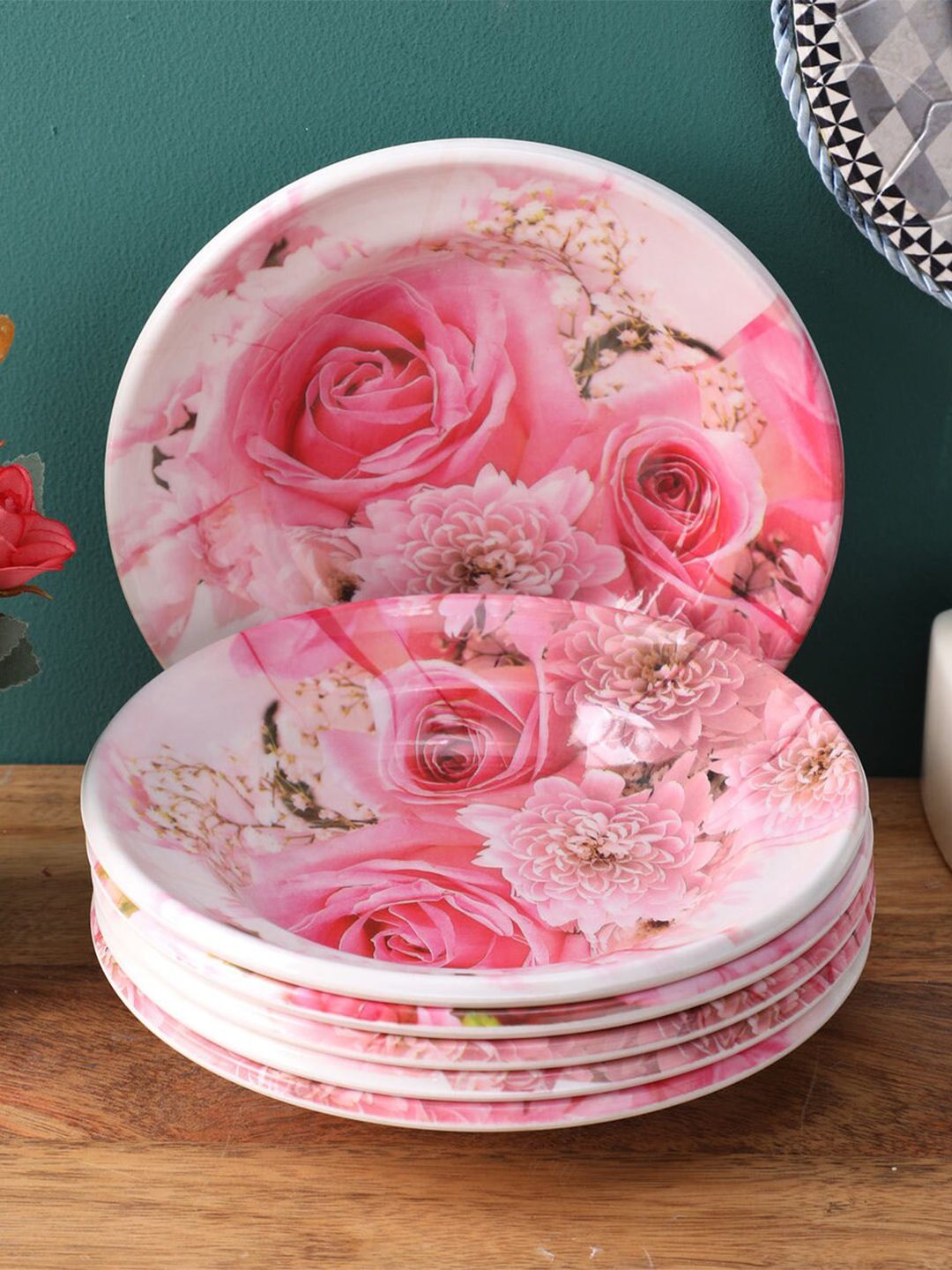 Gallery99 Pink & White 6 Pieces Floral Printed Melamine Glossy Plates Price in India