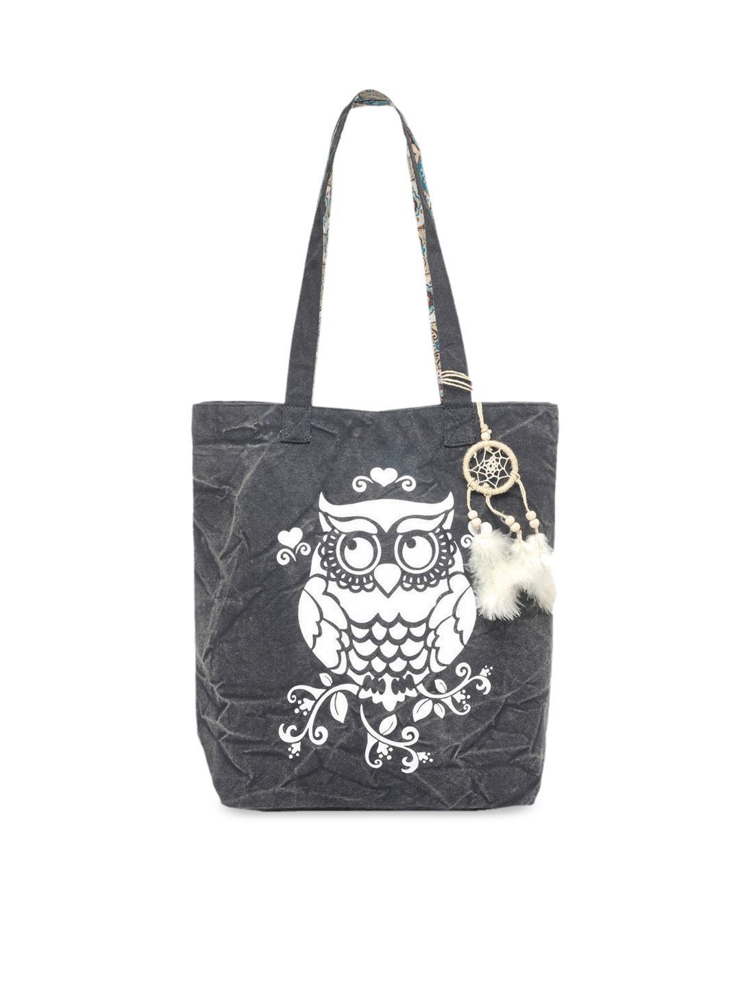 The House of Tara Charcoal and White Canvas Bird Motif Printed Shopper Tote Bag Price in India