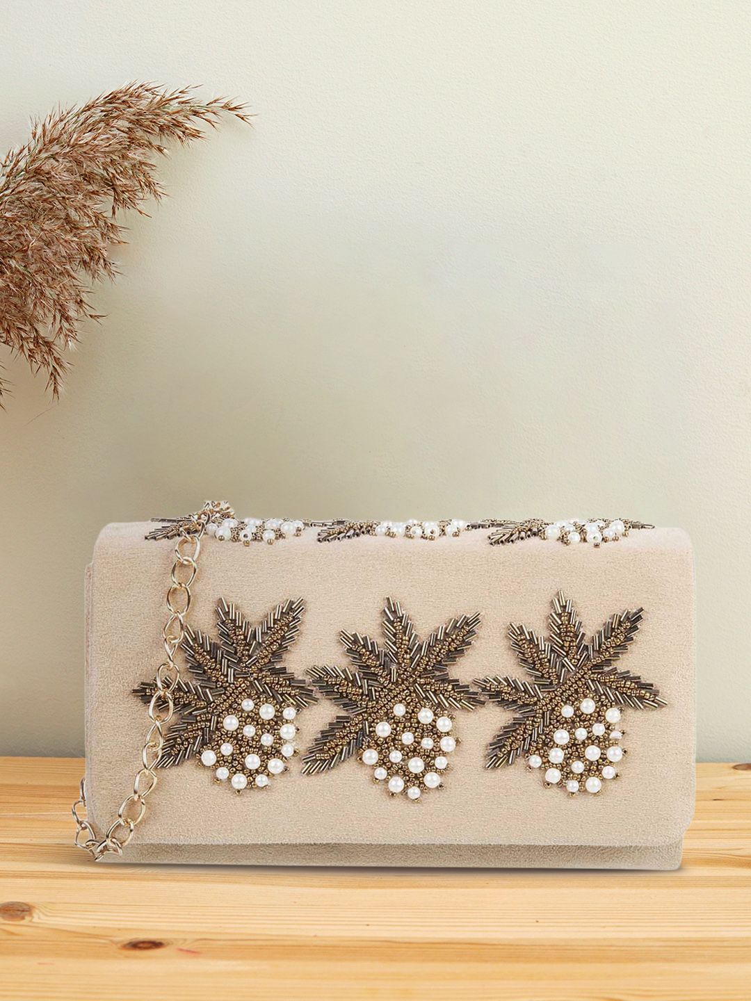 Mochi Beige & Gold-Toned Embellished Sling Bag Price in India