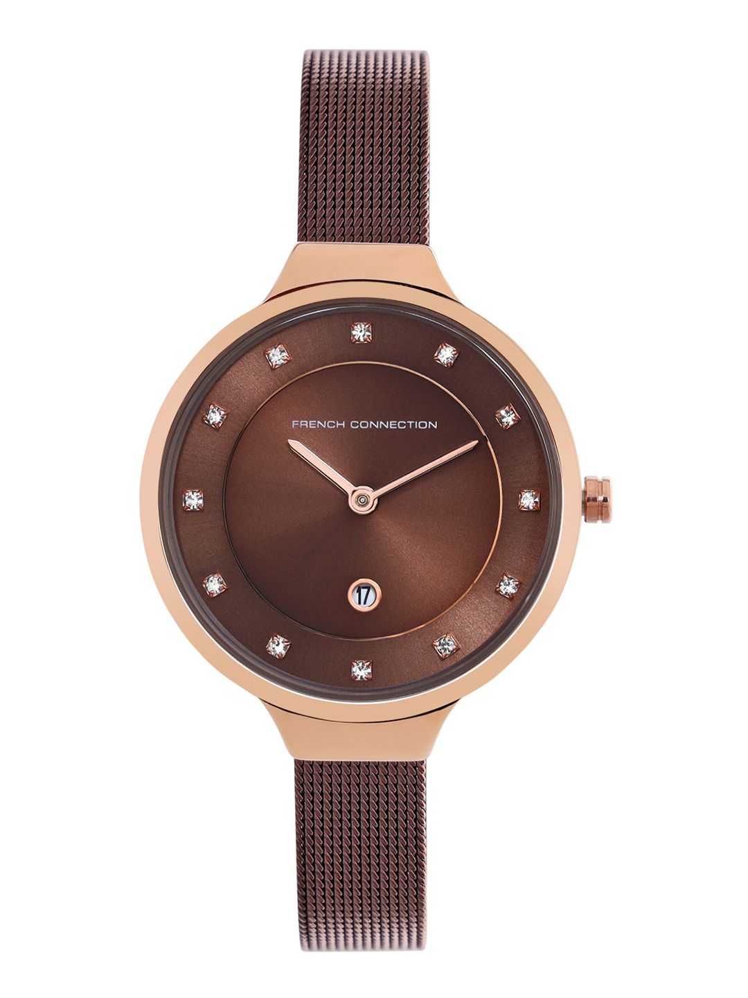 French Connection Women Brown Embellished Dial & Brown Stainless Steel Bracelet Style Straps Analogue Watch Price in India