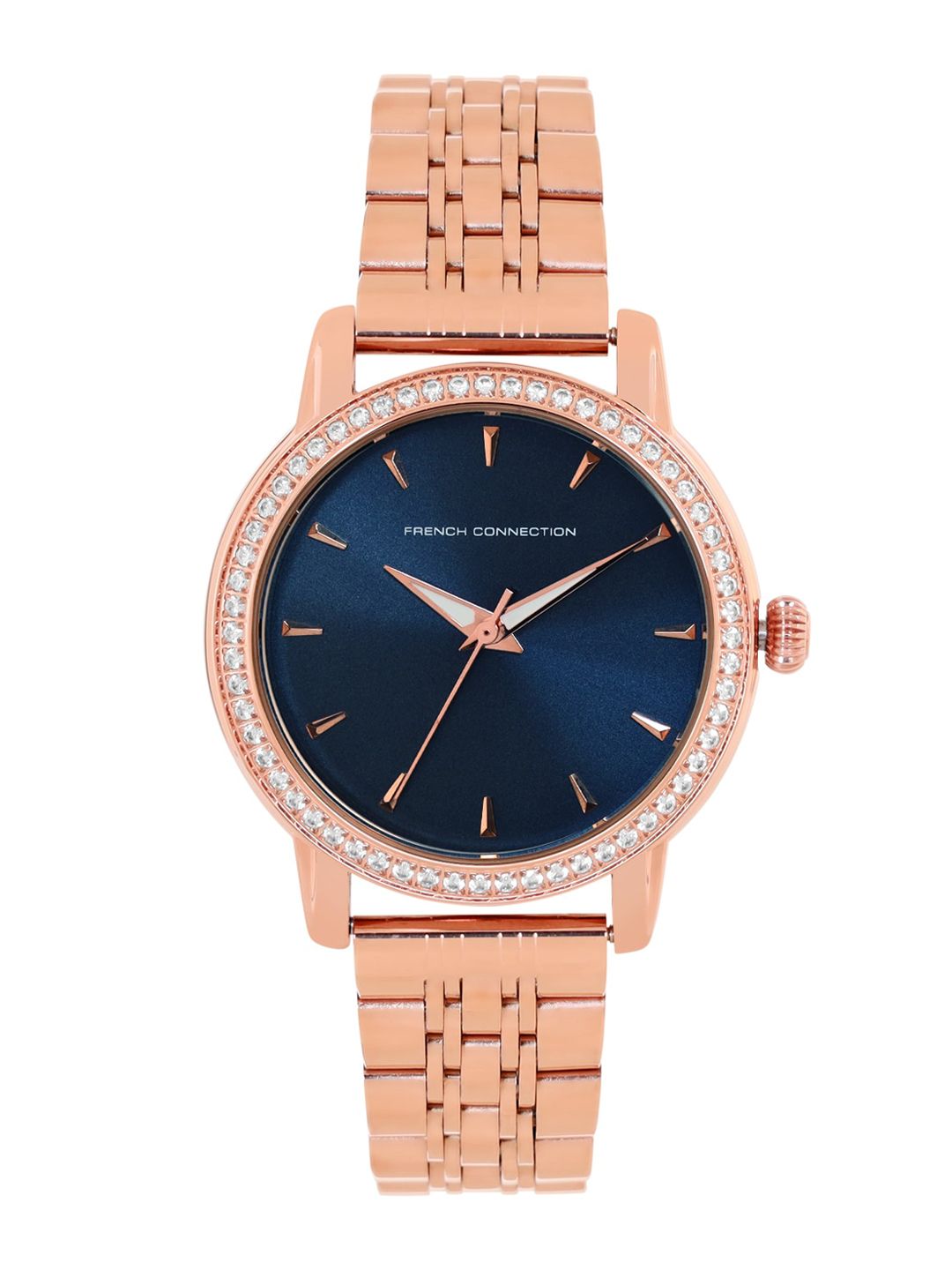 French Connection Women Rose Gold-Toned Embellished Dial & Blue Stainless Steel Bracelet Style Straps Watch Price in India