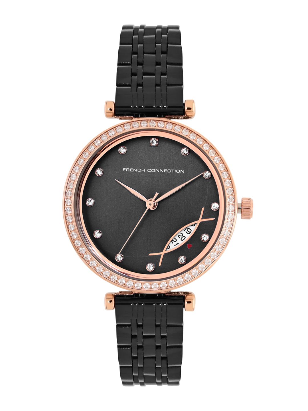 French Connection Women Black Embellished Dial & Black Stainless Steel Straps Analogue Watch Price in India