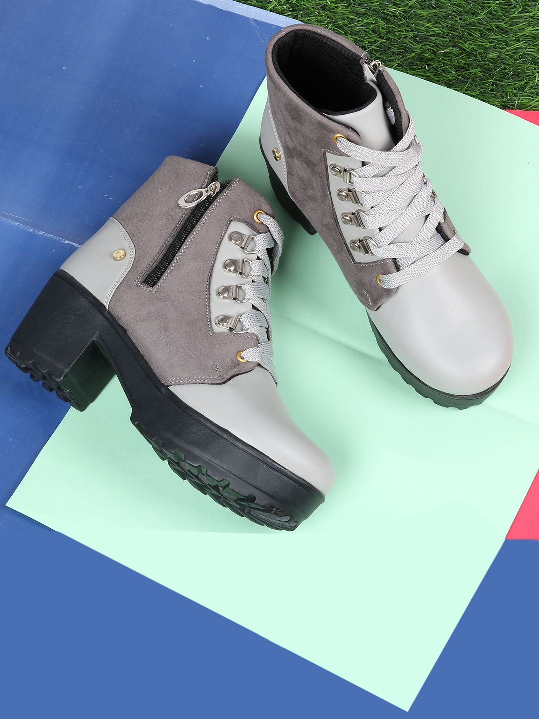 ZAPATOZ Grey Colourblocked Suede Block Heeled Boots Price in India