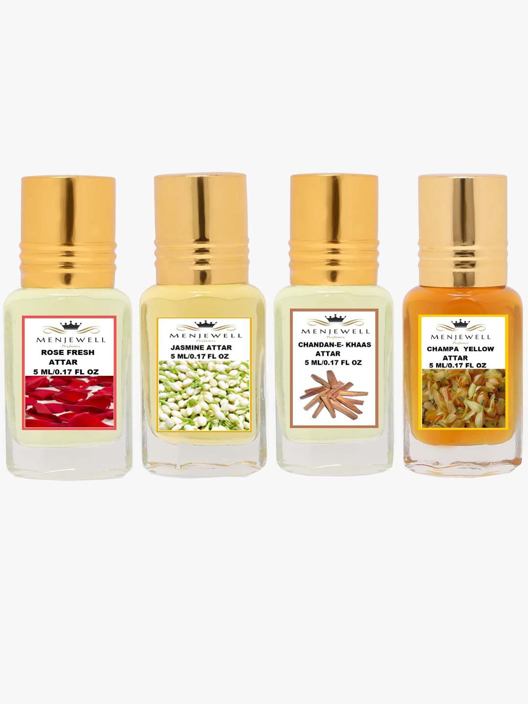 Menjewell Set of 4 Attar - Rose Fresh - Jasmine - Chandan-E-Khaas - Champa Yellow Price in India