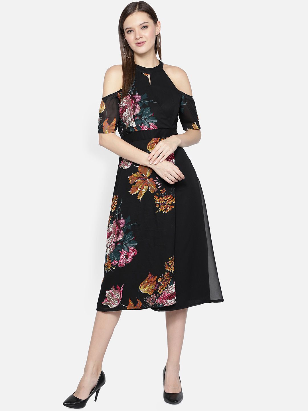 DESI WOMANIYA Women Black Floral Georgette A-Line Midi Dress Price in India