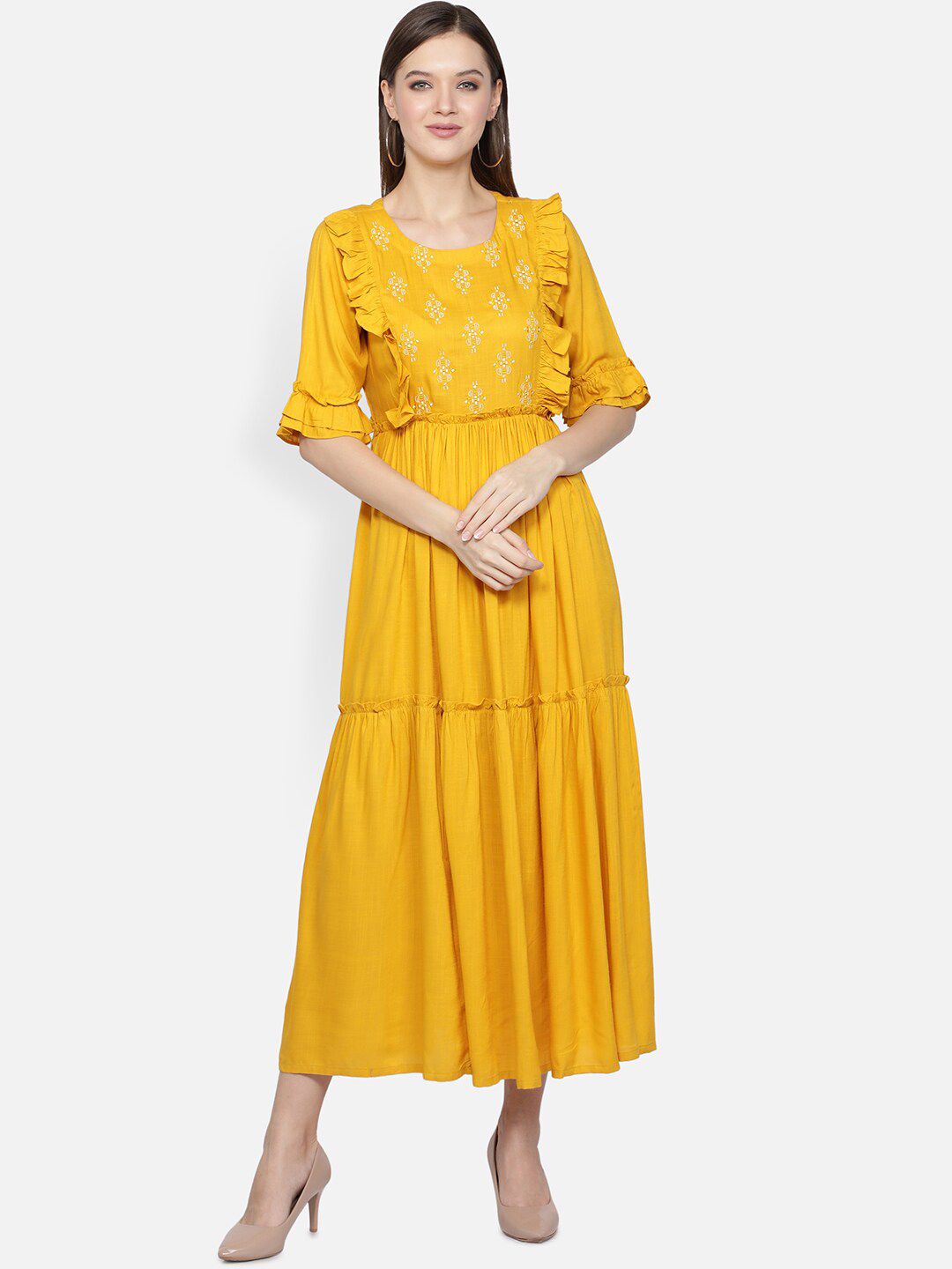 DESI WOMANIYA Mustard Yellow Embroidered Maxi Dress Price in India