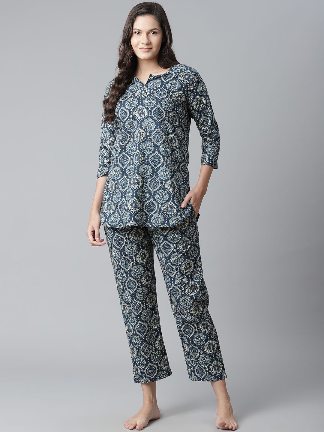 Divena Women Teal Blue & White Printed Cotton Night suit Price in India