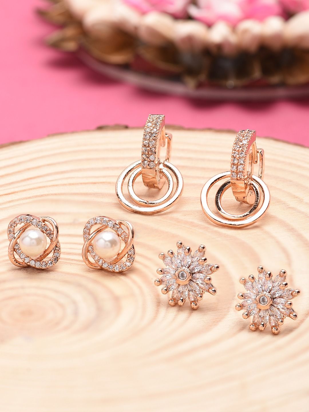 Zaveri Pearls Rose Gold Plated Set of 3 Contemporary Studs Earrings Price in India