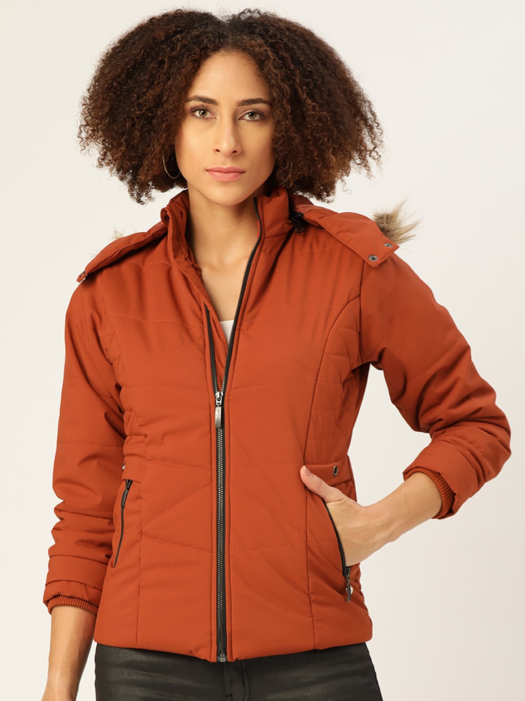 Monte Carlo Women Rust Orange Solid Parka Jacket with Detachable Hood Price in India