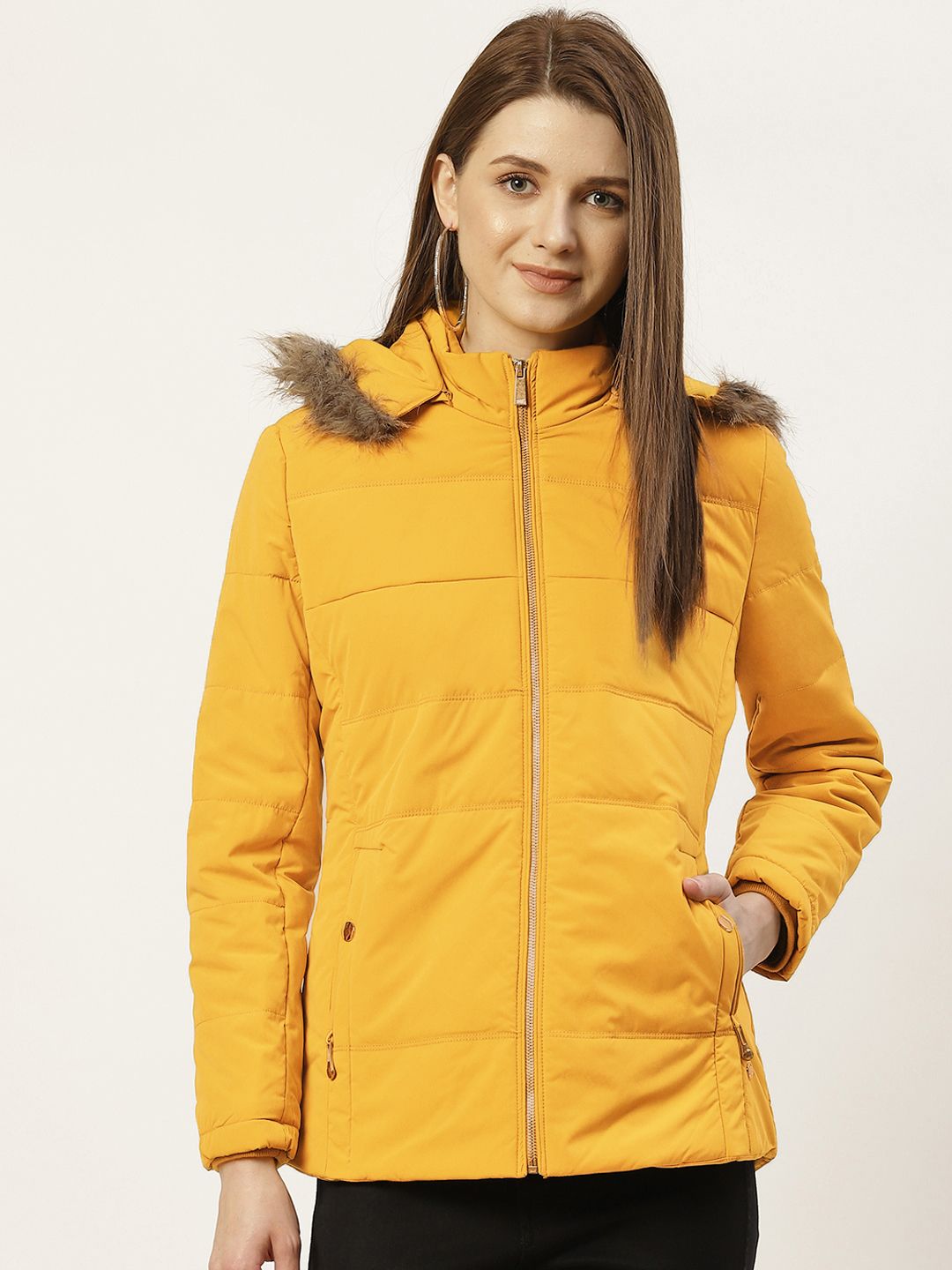 Monte Carlo Women Mustard Yellow Parka Jacket with Detachable Hood Price in India
