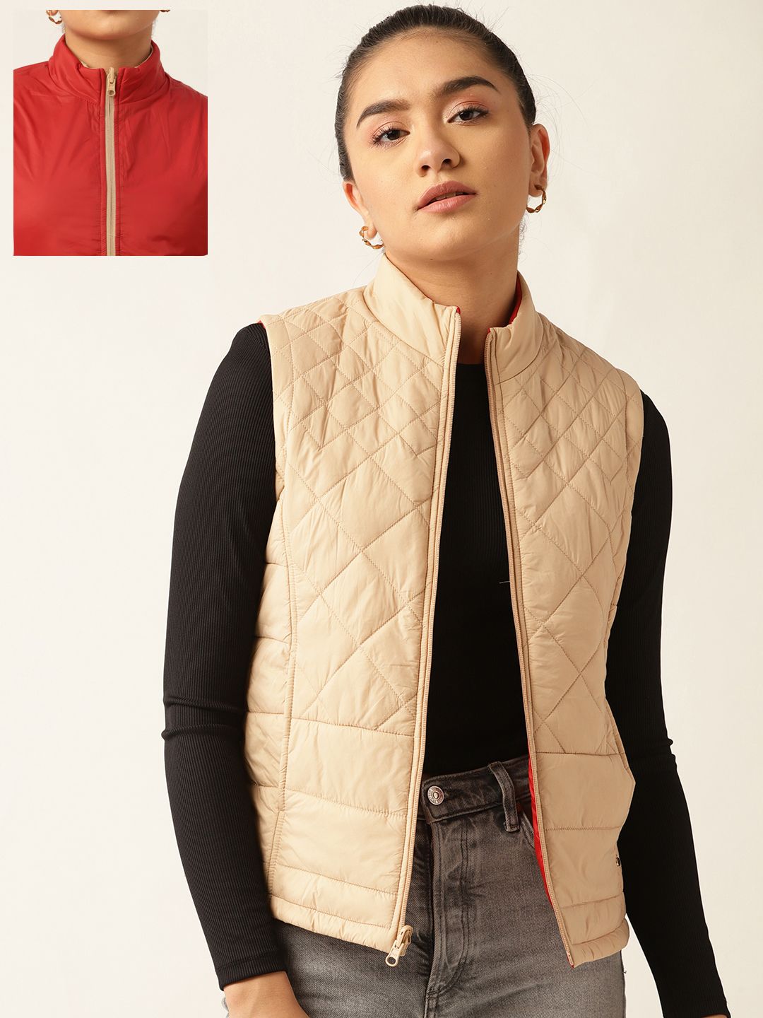 Monte Carlo Women Tan & Beige Reversible Geometric Patterned Quilted Jacket Price in India
