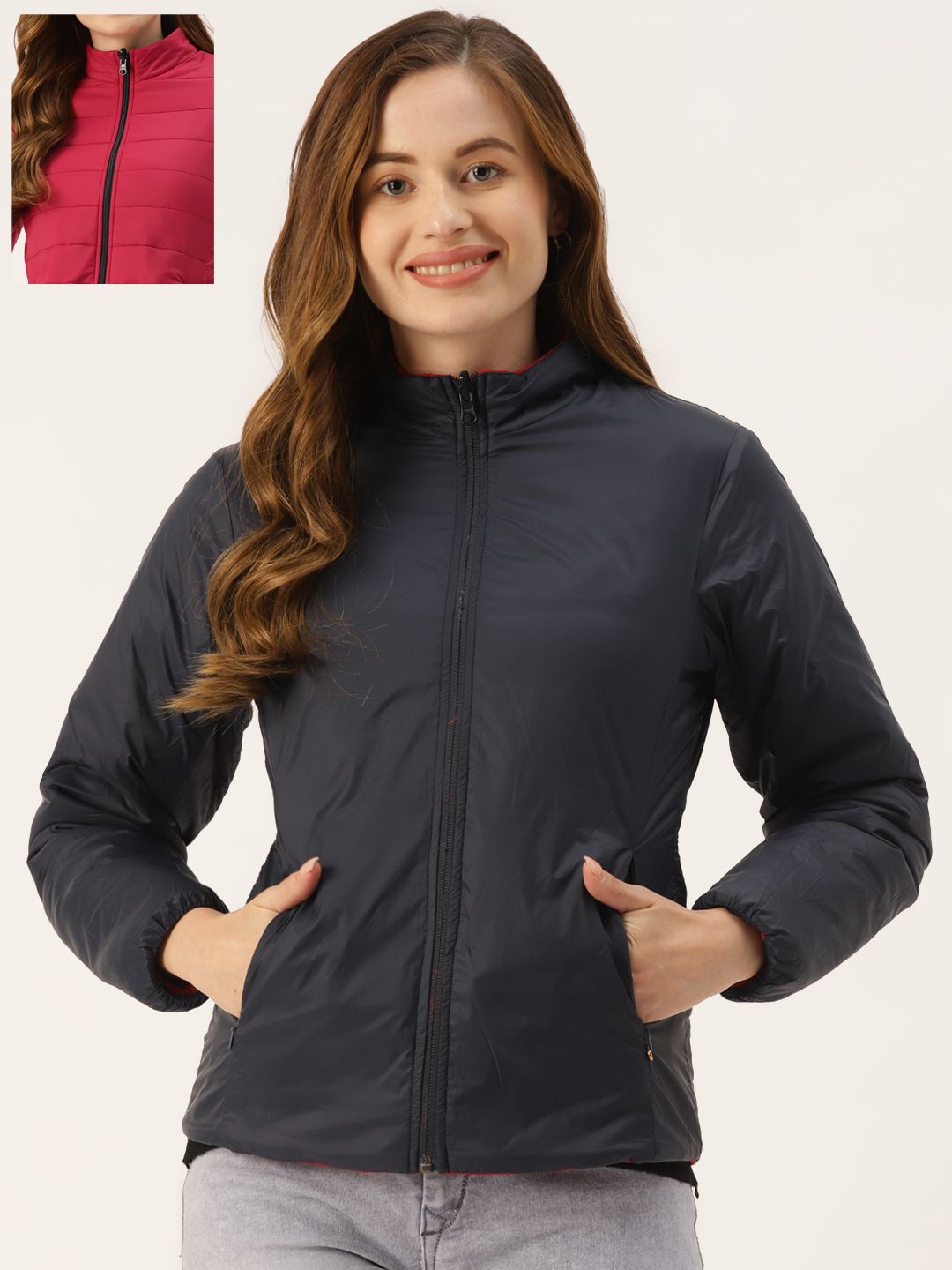 Monte Carlo Women Navy Blue & Pink Reversible Padded Jacket with Pouch Price in India