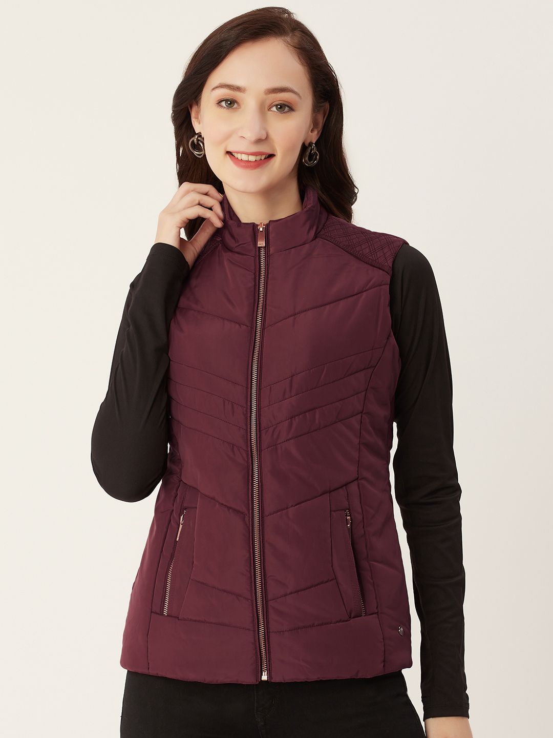 Monte Carlo Women Maroon Solid Sleeveless Padded Jacket Price in India