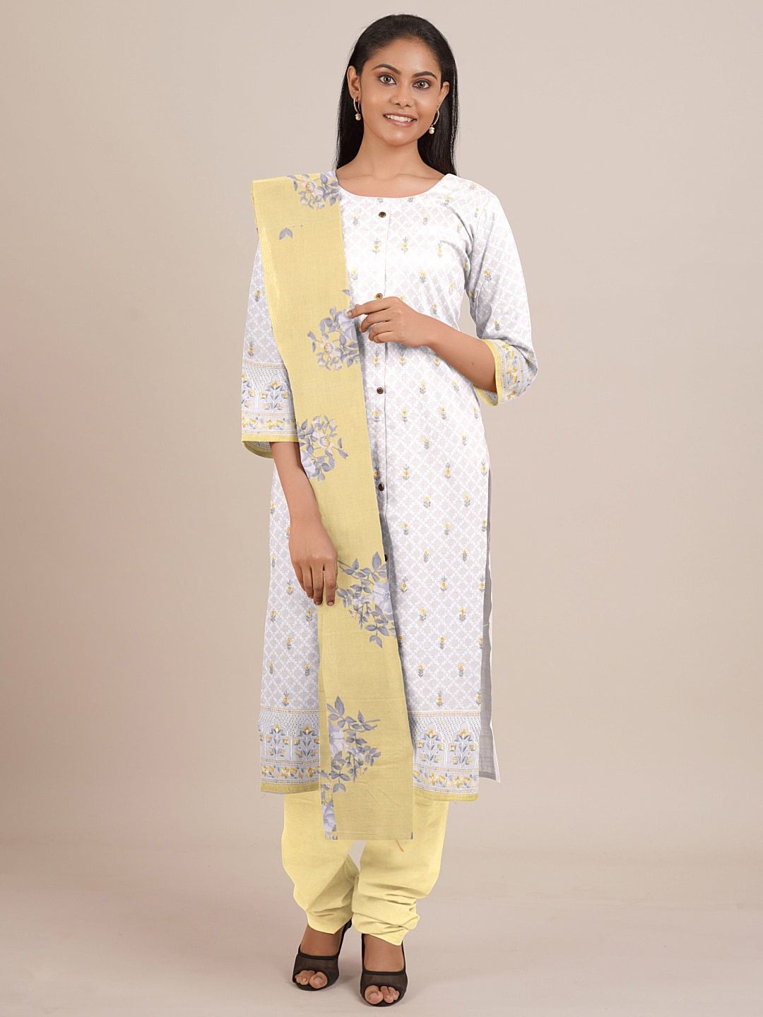 Pothys White & Yellow Printed Unstitched Dress Material Price in India
