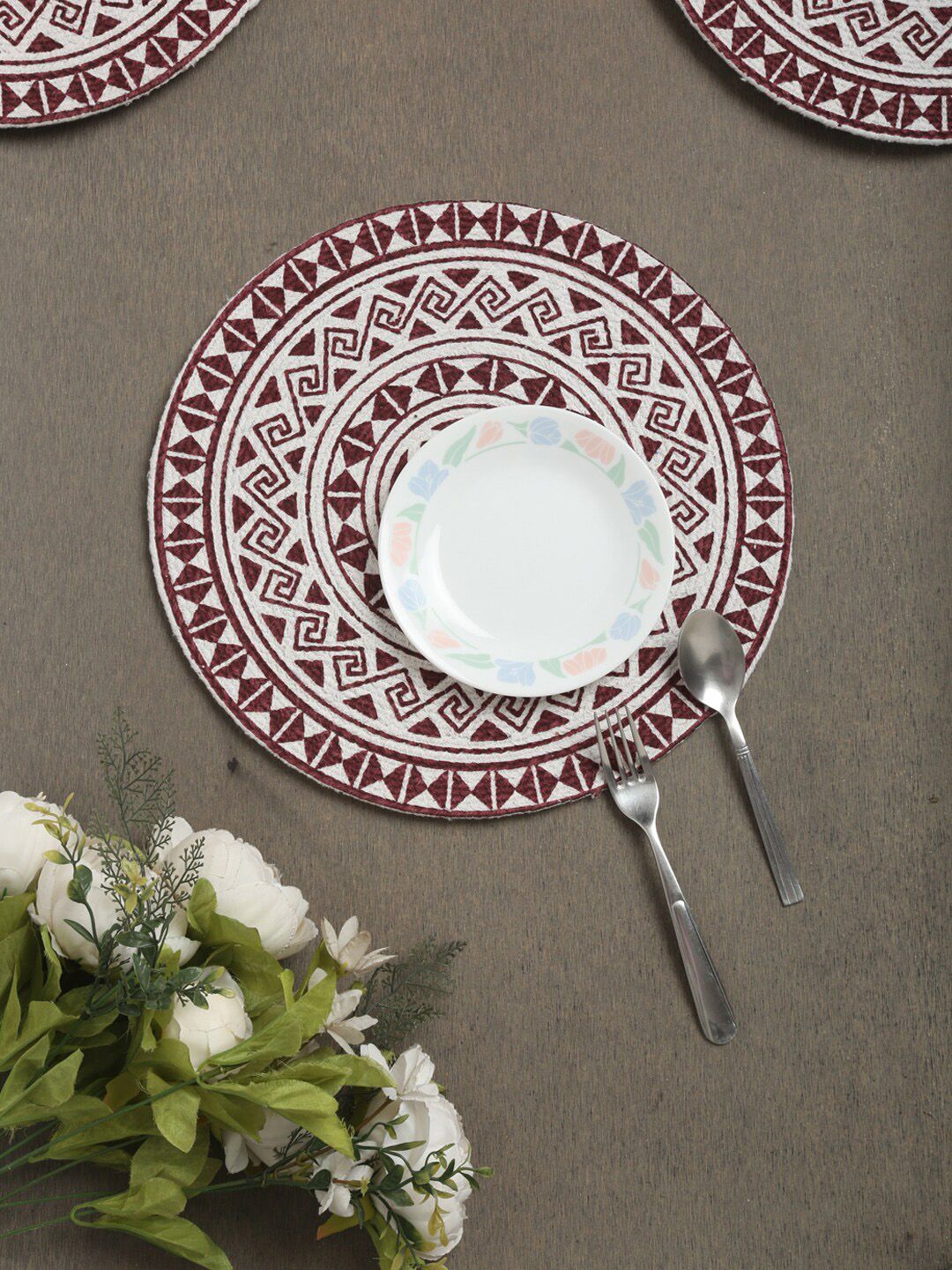HOSTA HOMES Set Of 6 White & Red Pure Cotton Printed Round Table Placemats Price in India