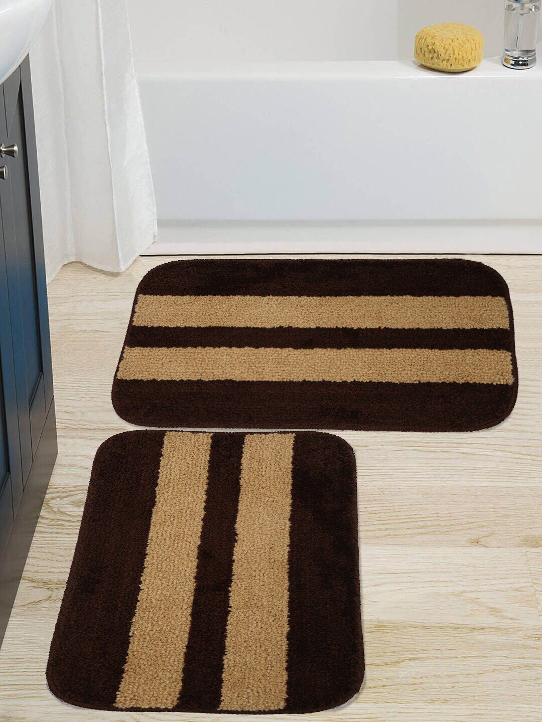 HOSTA HOMES Pack Of 2 Brown & Beige Striped Anti-skid Doormats Price in India