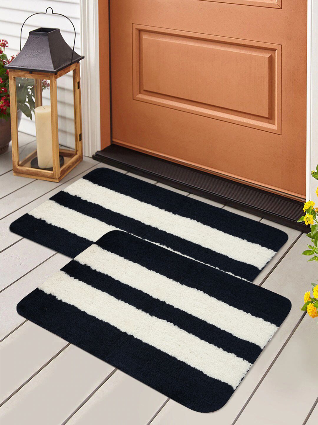 HOSTA HOMES Pack Of 2 Navy Blue & White Striped Anti-skid Doormats Price in India