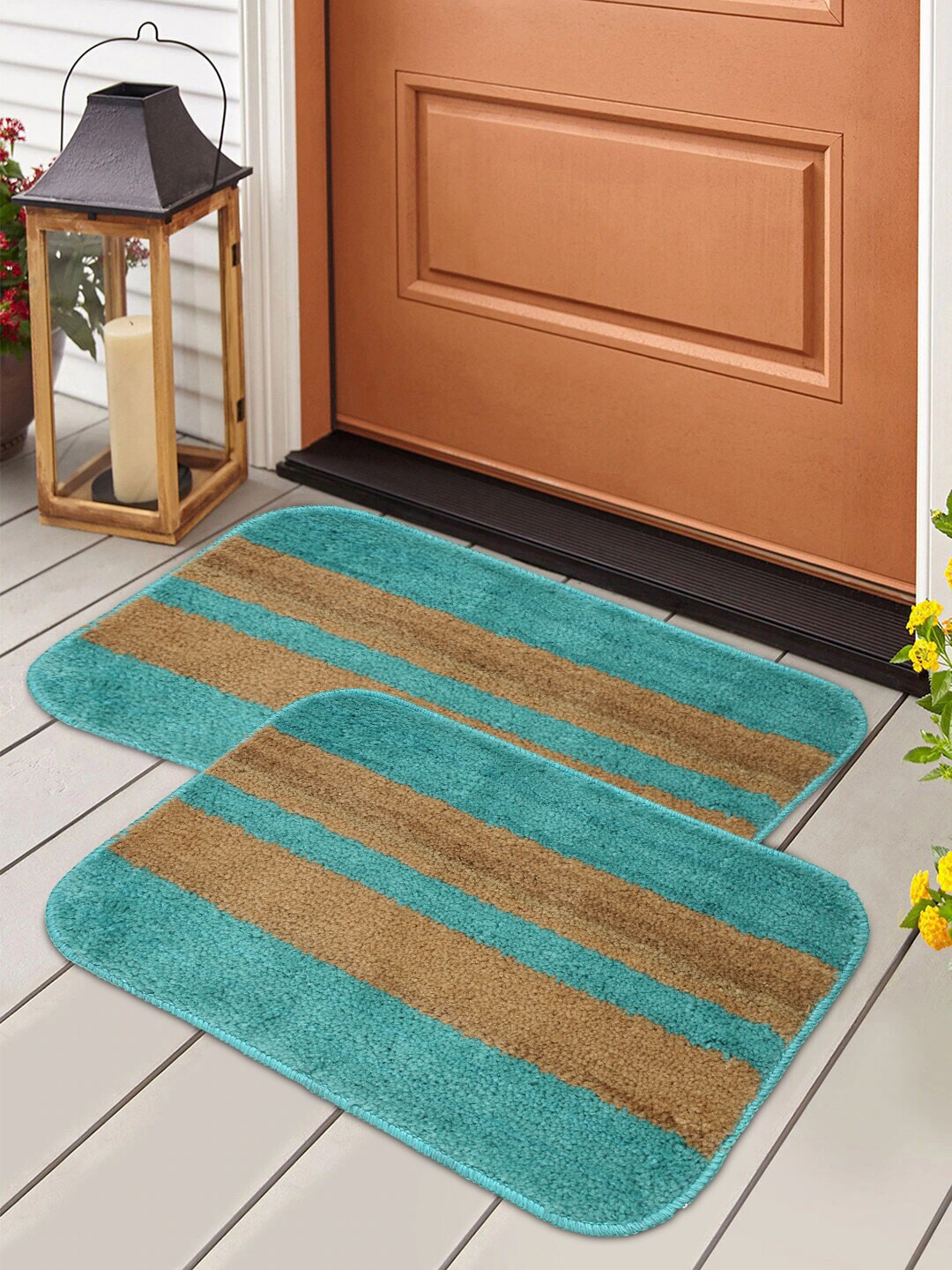HOSTA HOMES Set Of 2 Teal Blue & Brown Striped Anti-Skid Doormats Price in India
